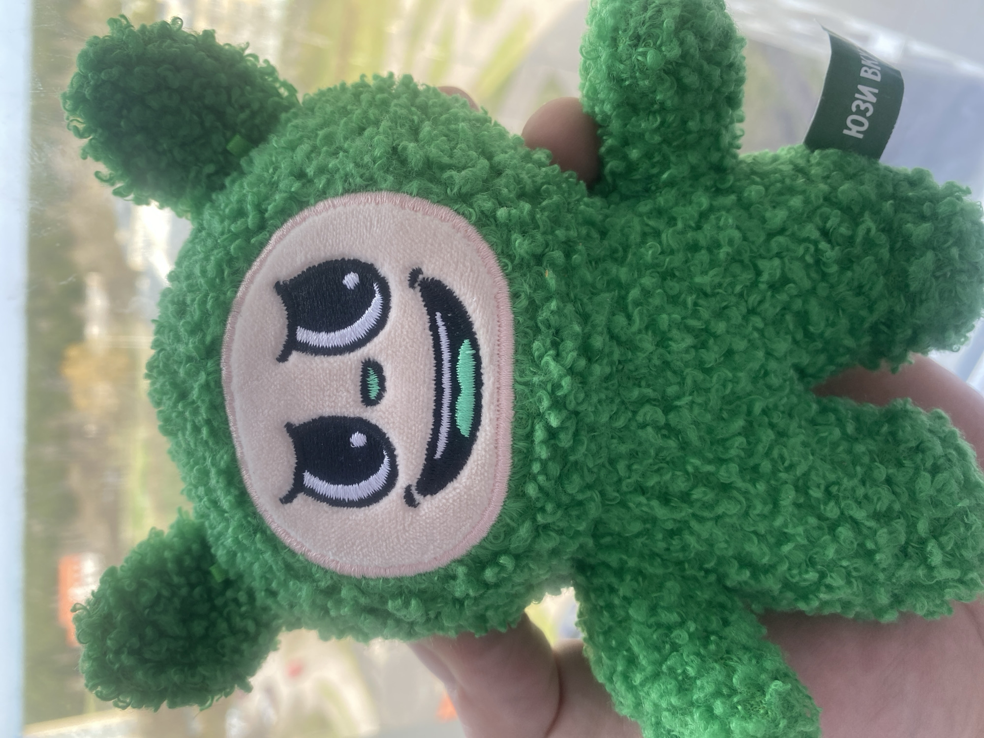 A green, plush toy with a cartoon face is being held in front of a blurred background that appears to be a cityscape. The toy has a light pink facial area with embroidered features, including large black eyes with white highlights and a half-moon smile with green teeth. It is made of a fuzzy, textured material. A tag with text in a non-English language is attached to the toy. The background shows buildings and greenery, suggesting an urban environment. The specific location within the city of Unknown, Unknown is not discernible.