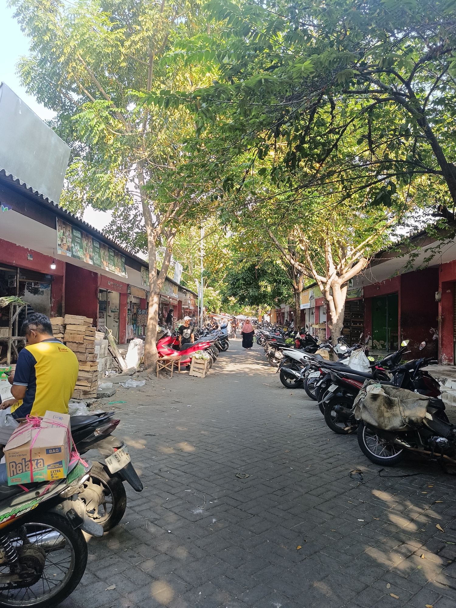In Ketajen, Indonesia, a bustling outdoor marketplace lines a paved walkway. The scene is dominated by parked motorcycles, their forms creating a visual rhythm along the thoroughfare. On the left, a man wearing a yellow and dark blue t-shirt sits on a motorcycle, facing away from the camera, his presence anchoring the foreground. Beside him, a stack of wooden planks suggests ongoing commerce or preparation. A cardboard box secured with pink string sits on the back of the motorcycle.
The marketplace itself features a row of single-story buildings with red facades, their entrances suggesting various shops. Signs are visible above some of the storefronts, advertising goods or services. Lush green trees with dense foliage arch over the walkway, dappling the ground with sunlight and creating a sense of natural enclosure within the urban setting. In the background, more motorcycles and a few individuals are visible, indicating the active nature of the marketplace. The paving stones are a dark grey, with scattered leaves and debris suggesting a well-used public space. The sky above is clear and bright, indicating a sunny day.