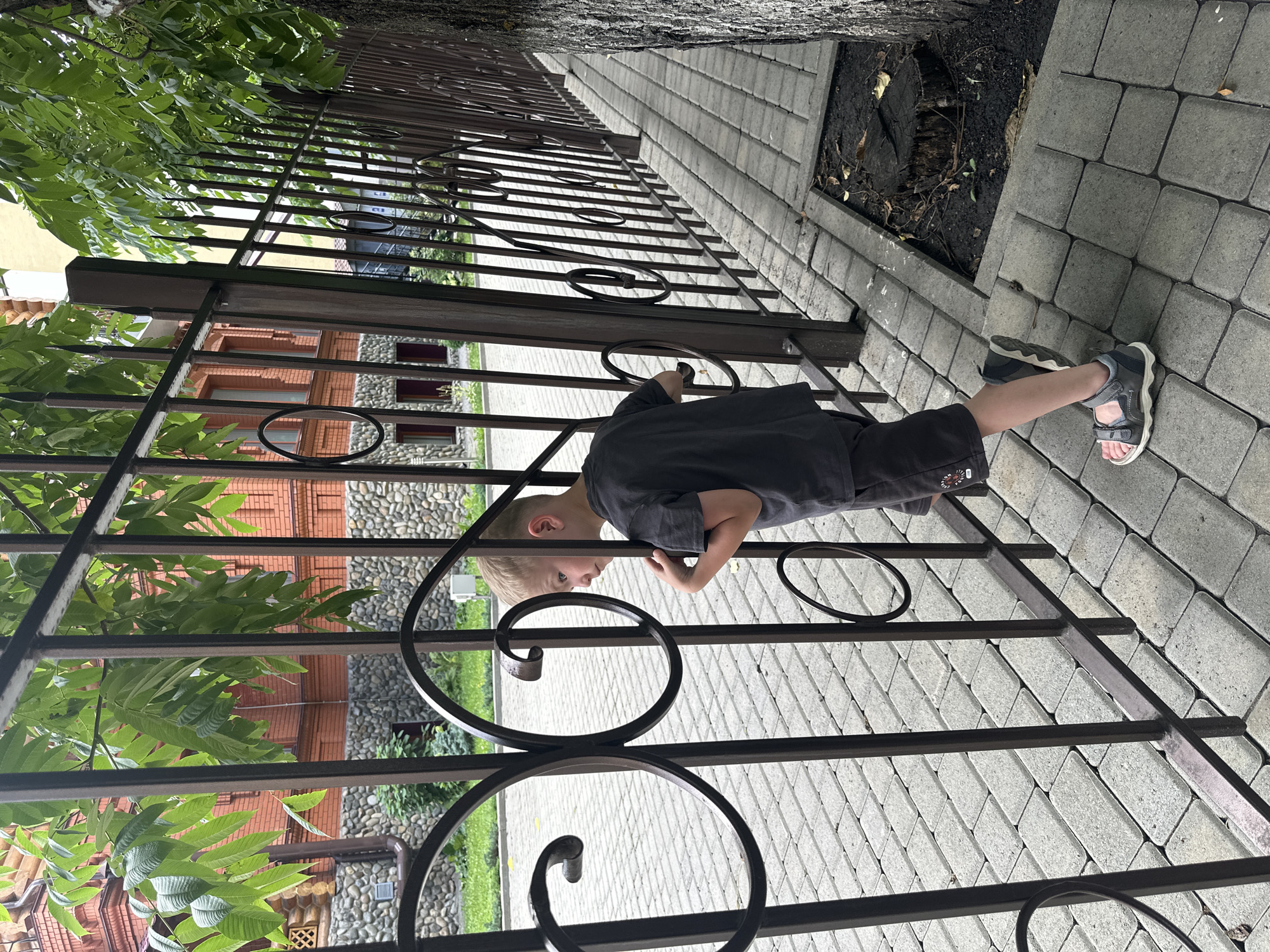A young boy with blonde hair and fair skin, wearing a dark grey t-shirt and dark grey shorts, stands near a dark brown wrought-iron fence. He is looking to his left, with his right arm slightly bent at the elbow and his hand on his chest. He is wearing grey and blue sandals. The fence has decorative circular elements and vertical bars. Behind the fence, a paved walkway made of grey rectangular stones is visible, and further back, a building with red brick and stone lower walls can be seen. Lush green foliage hangs over the fence from a tree to the right of the frame. The overall scene suggests an outdoor setting, possibly a park or the grounds of a building, in the city of Belokurikha, Russia.