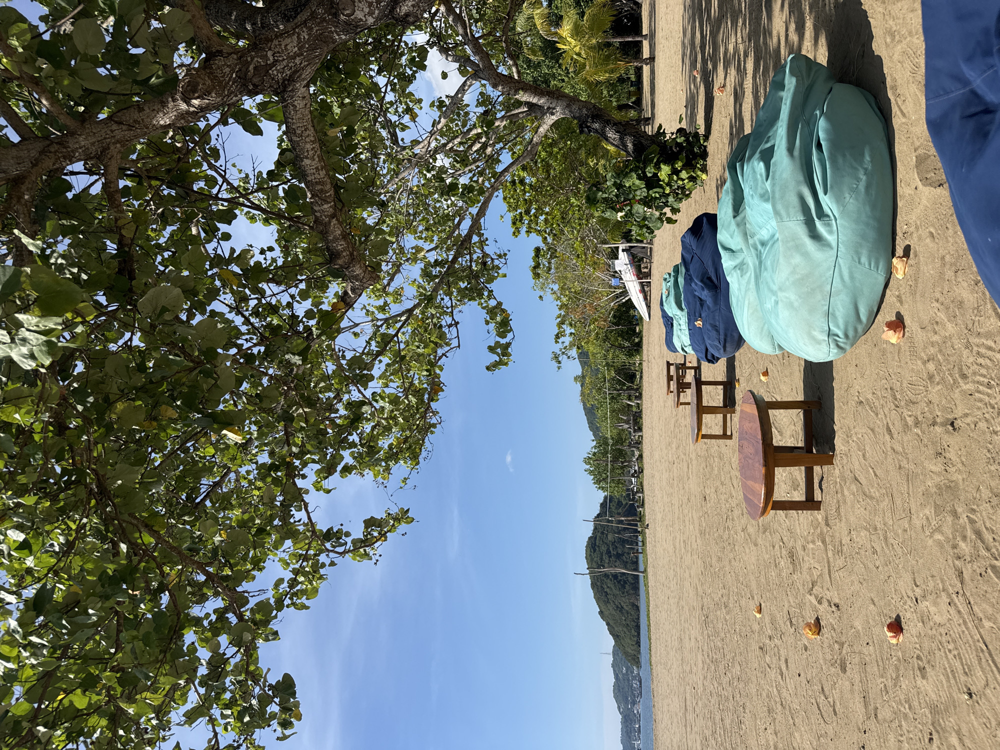 The image depicts a beach scene, likely in Labuan Bajo, Indonesia, given the tropical vegetation and coastal features. The view is oriented along the shoreline. Several large, soft beanbag chairs in hues of blue and green are arranged in a line on the sand, accompanied by small, round wooden tables. The beach itself is sandy, with scattered fallen leaves. The background includes lush green hills and a clear blue sky with minimal clouds. The tree on the left is filled with green leaves.