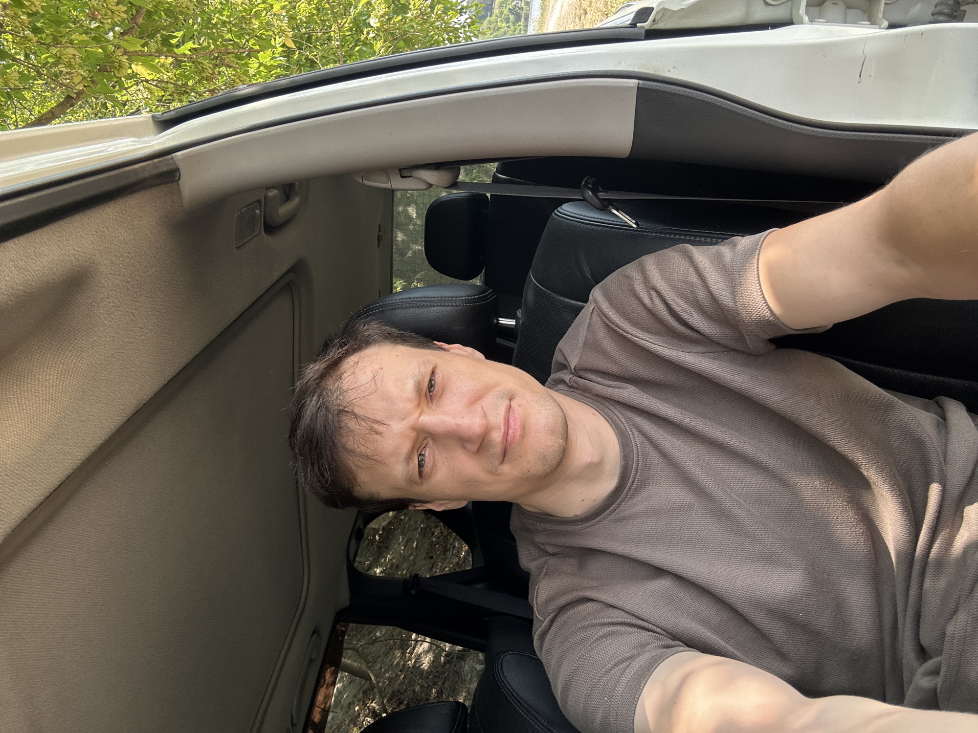 A Caucasian male with short brown hair and light skin is sitting in the driver's seat of a vehicle. He is wearing a brown t-shirt. His expression is neutral with his eyes looking forward. The interior of the vehicle, including the car's roof lining and seats, is visible. The exterior of the vehicle shows trees and a body of water in the background. The scene appears to be in a natural setting, possibly a park or rural area.