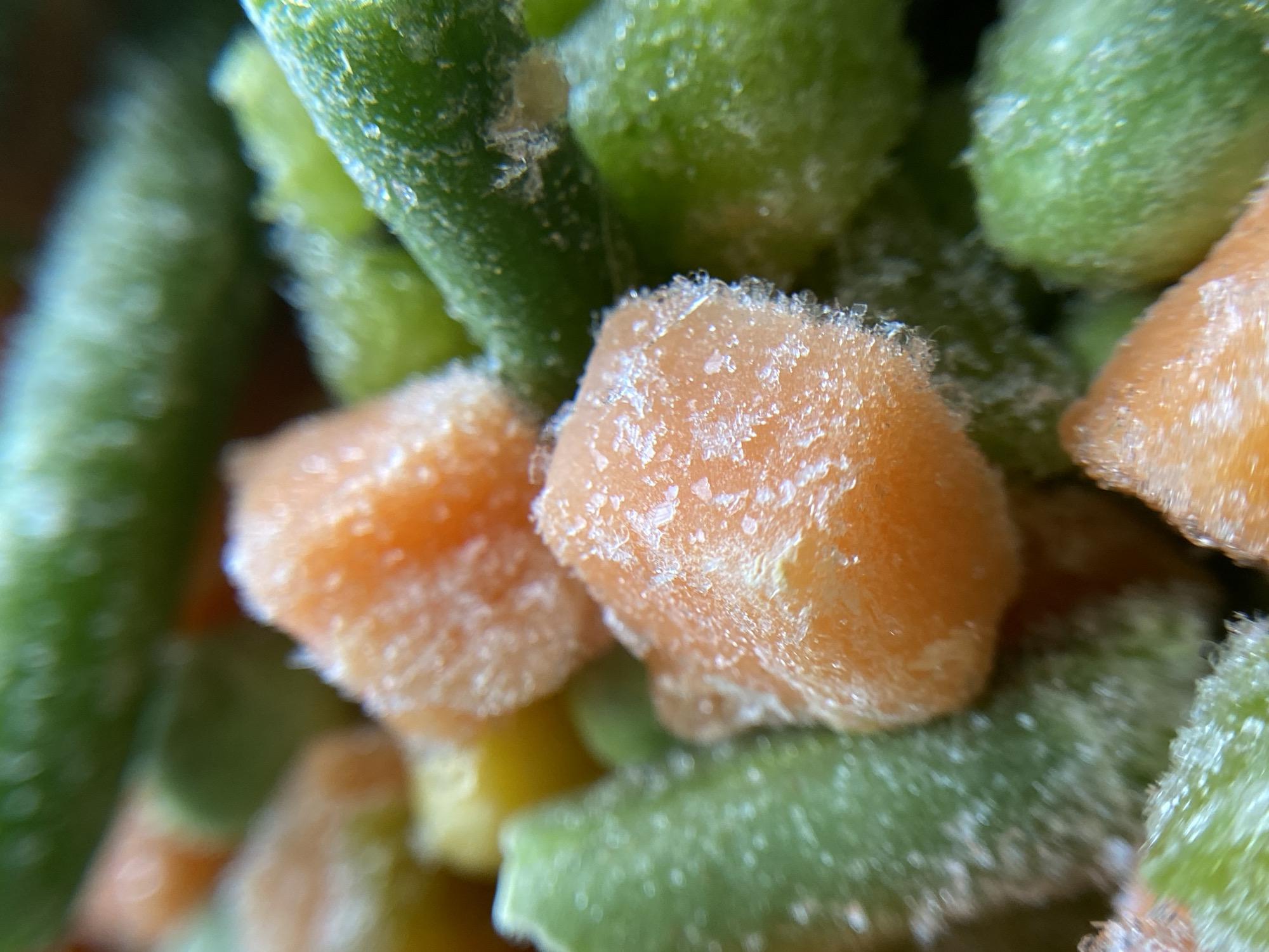 The macro photograph captures a close-up view of frozen mixed vegetables. The scene is dominated by vibrant green beans and bright orange carrot cubes, all coated with a fine layer of frost. The textures are detailed, showing the icy crystals clinging to the surfaces of the vegetables. The lighting highlights the frozen elements, giving them a slightly translucent appearance. The background is blurred, keeping the focus entirely on the frozen produce.