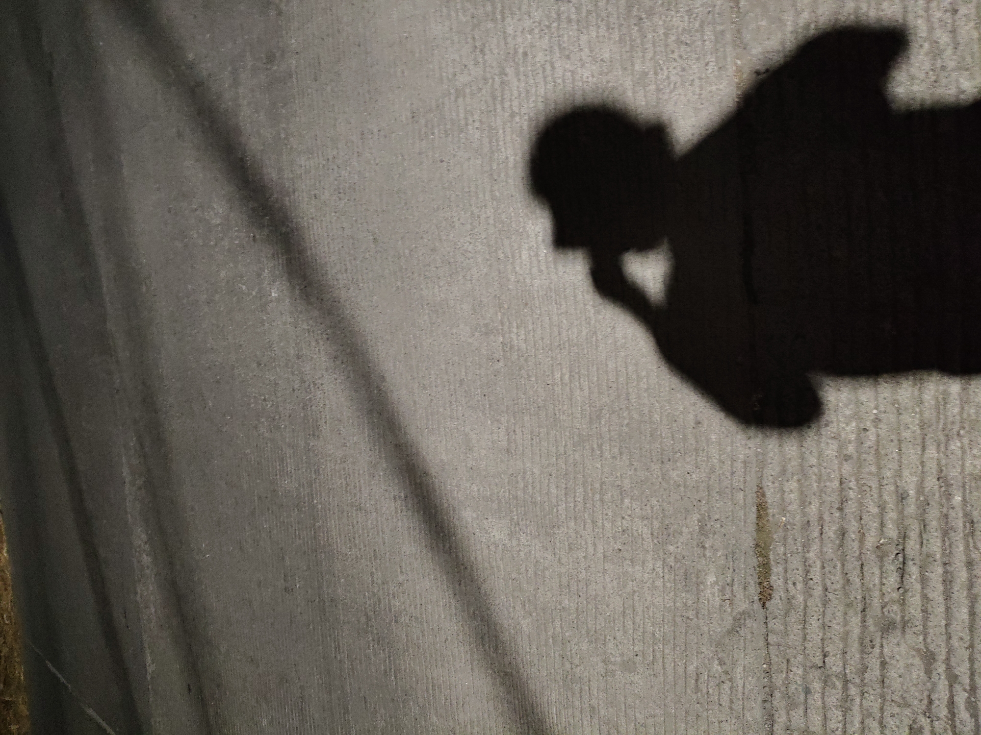 The image shows a shadow of a person wearing a cap, standing on a textured concrete surface that appears to be a road or sidewalk. The shadow is cast from the right side of the frame, suggesting a light source is present in that direction. In the upper portion of the image, there are faint parallel lines, possibly indicating overhead power lines or marks on the ground. The overall scene is dark, with the concrete surface being the primary visible element besides the shadow. The presence of overhead lines suggests an outdoor urban environment, potentially in Surabaya, Indonesia, given the prompt's request.