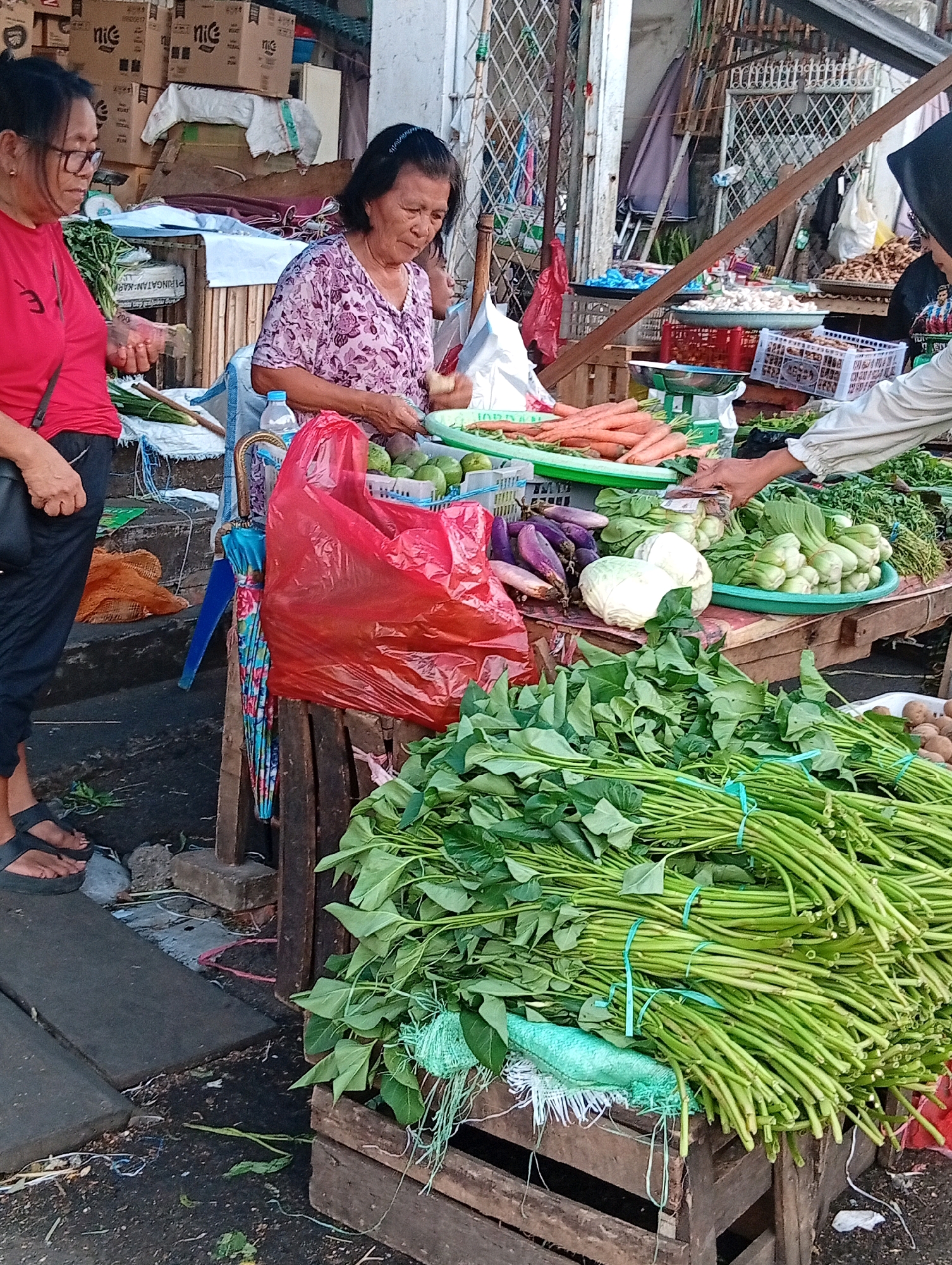 This image depicts an outdoor market scene in Manado, Indonesia. In the foreground, a large pile of bundled green vegetables, likely water spinach (kangkung), is prominently displayed in a wooden crate. To the left, two women are engaged in a transaction. One woman, wearing a red t-shirt and dark pants, stands with her hands at her side, her gaze directed towards the other woman. The second woman, in a floral print top, is standing behind a display of produce, holding a piece of ginger or similar root vegetable and appearing to be preparing it.
Behind the women, a table or stall is laden with a variety of fresh produce. Carrots are neatly arranged in a green basket, alongside other vegetables such as eggplants and cabbages. A red plastic bag and a colorful umbrella are also visible. In the background, there are structures that appear to be market stalls, with various items on display, including what seem to be dried goods or spices in baskets. The ground is uneven and appears to be a mix of dirt and possibly pavement. The overall impression is of a bustling local market.
