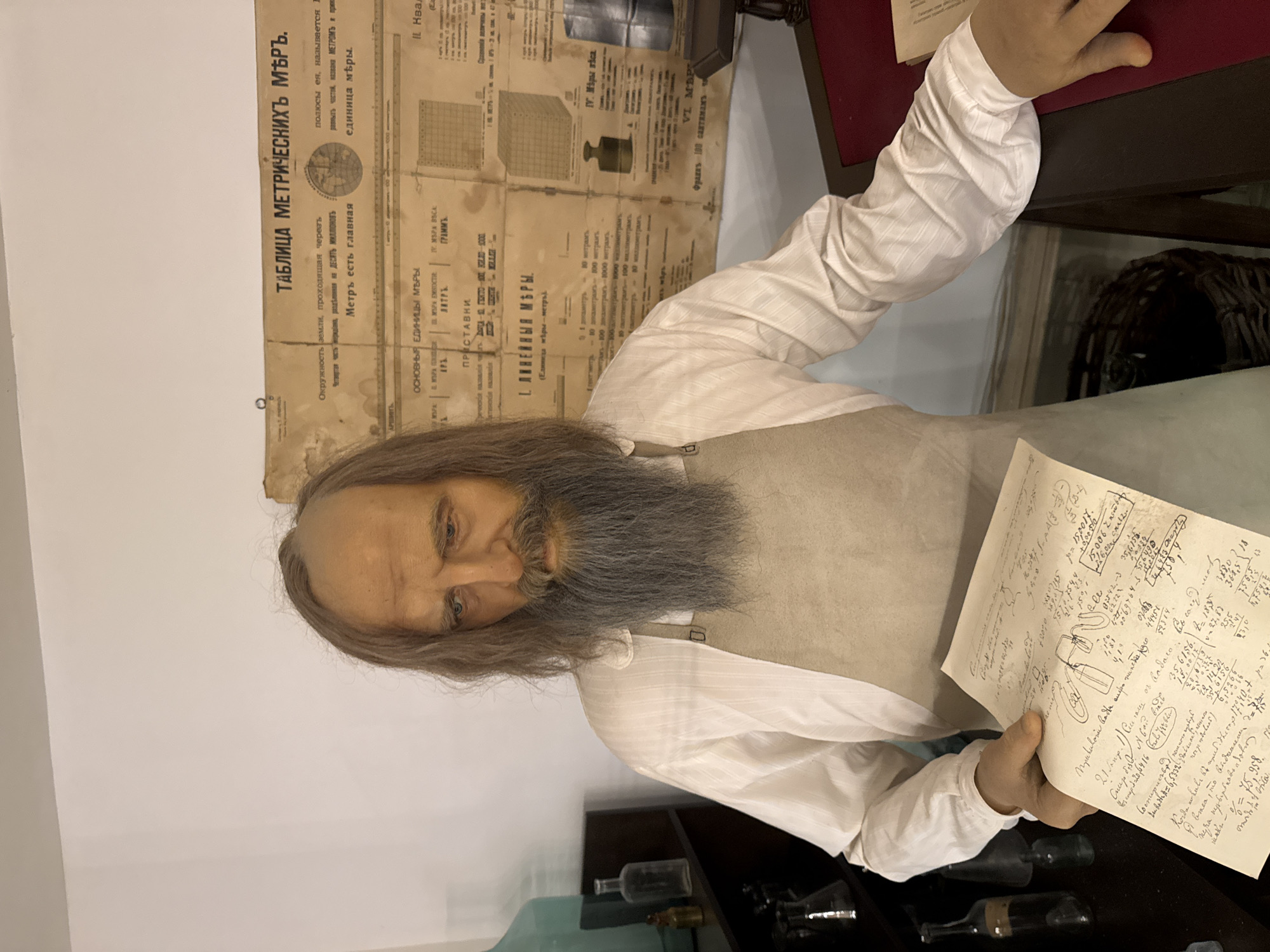 A wax figure depicting a bearded man in an apron and white shirt, possibly a historical figure, is positioned in front of an aged paper chart with Cyrillic text titled "ТАБЛИЦА МЕТРИЧЕСКИХЪ МѢРЪ" (Table of Metric Measures). He holds a handwritten document with mathematical calculations. In the background, glassware and what appear to be vintage medical or scientific instruments are displayed on shelves. The location is likely a museum or historical exhibit in Saint Petersburg, Russia, judging by the subject matter, the Cyrillic text on the chart, and the general presentation.