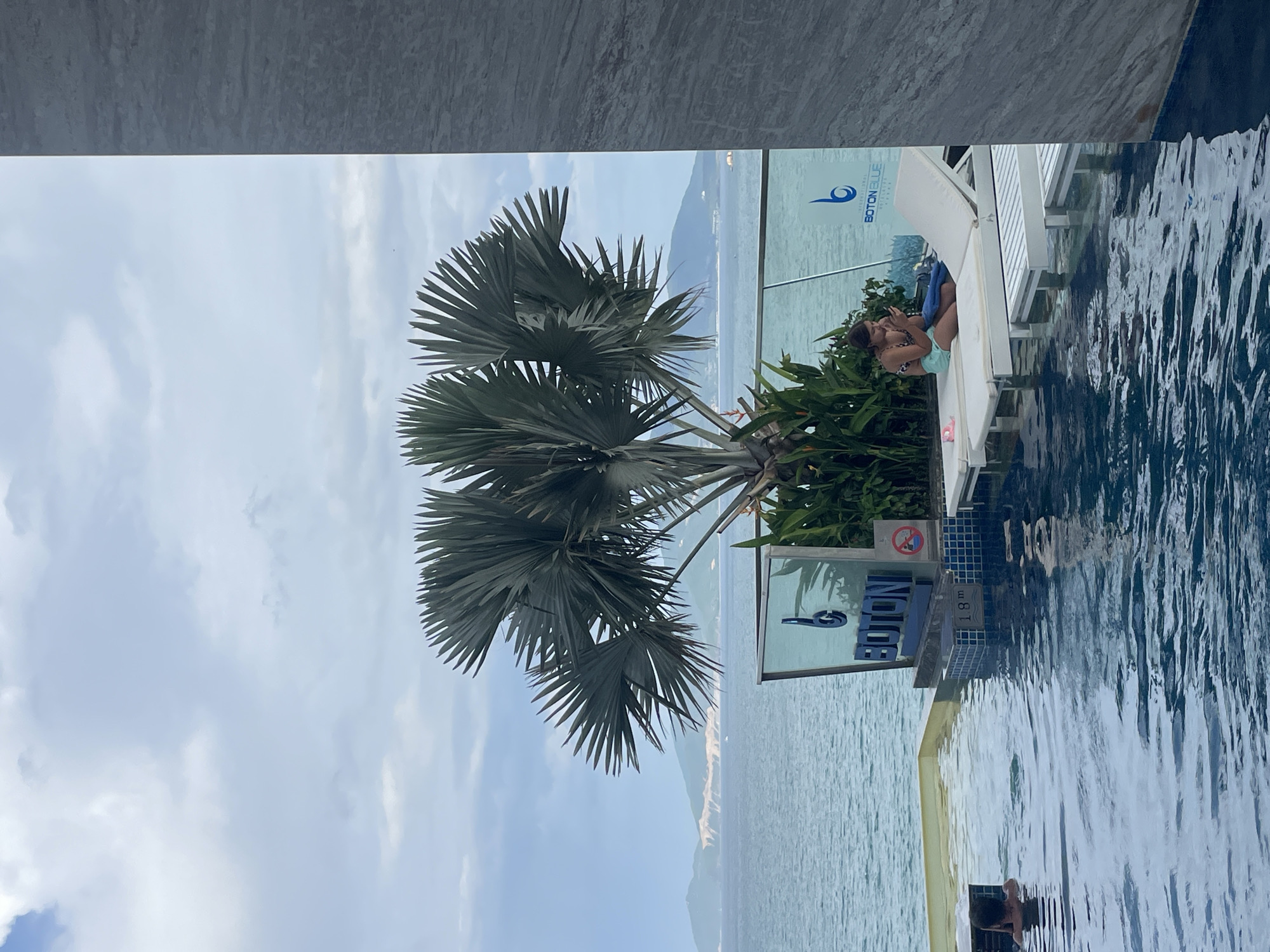 The image captures a scene at an infinity pool overlooking the ocean in Nha Trang, Vietnam. The sky is overcast with scattered clouds, and the ocean stretches out towards a distant, hazy coastline with mountains. A large fan palm tree with distinctive fronds is prominent in the mid-ground, situated behind a glass railing. A sign with the word "BOTON" and a logo is visible on a stand near the palm tree, alongside a smaller sign indicating "18m".
In the foreground, the shimmering blue water of the infinity pool is a central feature. On a white lounge chair to the right of the pool, a young woman is seated, looking down at her mobile phone. She is wearing a bikini with a patterned top and light blue shorts. To the left, partially submerged in the pool, is the head and shoulders of another person. Additional white lounge chairs are visible, some occupied and some empty. A grey, textured wall forms the right edge of the frame. The overall ambiance is one of a tranquil resort setting on a cloudy day.
