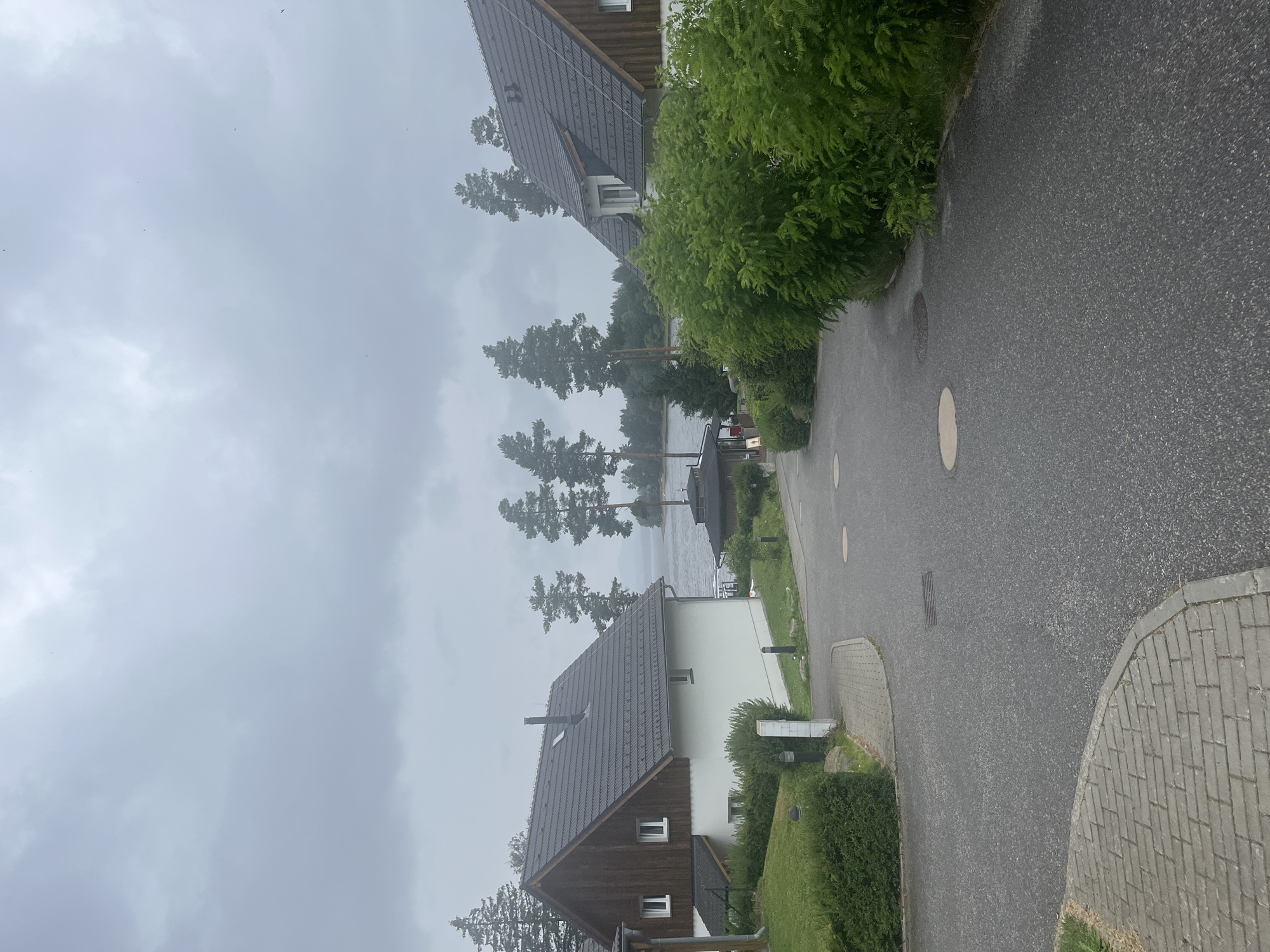 The image depicts a grey, overcast day in a suburban or resort area near a body of water. In the foreground, a paved road curves to the right, with a section of brick sidewalk on the left. Several houses with dark tiled roofs and white exteriors are visible, interspersed with well-maintained green bushes and manicured lawns. Tall pine trees are scattered throughout the scene, with some lining the distant shore of a lake or large river. The water itself appears calm, reflecting the grey sky. A small, dark-roofed building with a red sign is situated near the water's edge. The overall atmosphere is tranquil and somewhat muted due to the weather conditions. No people are present in the image.