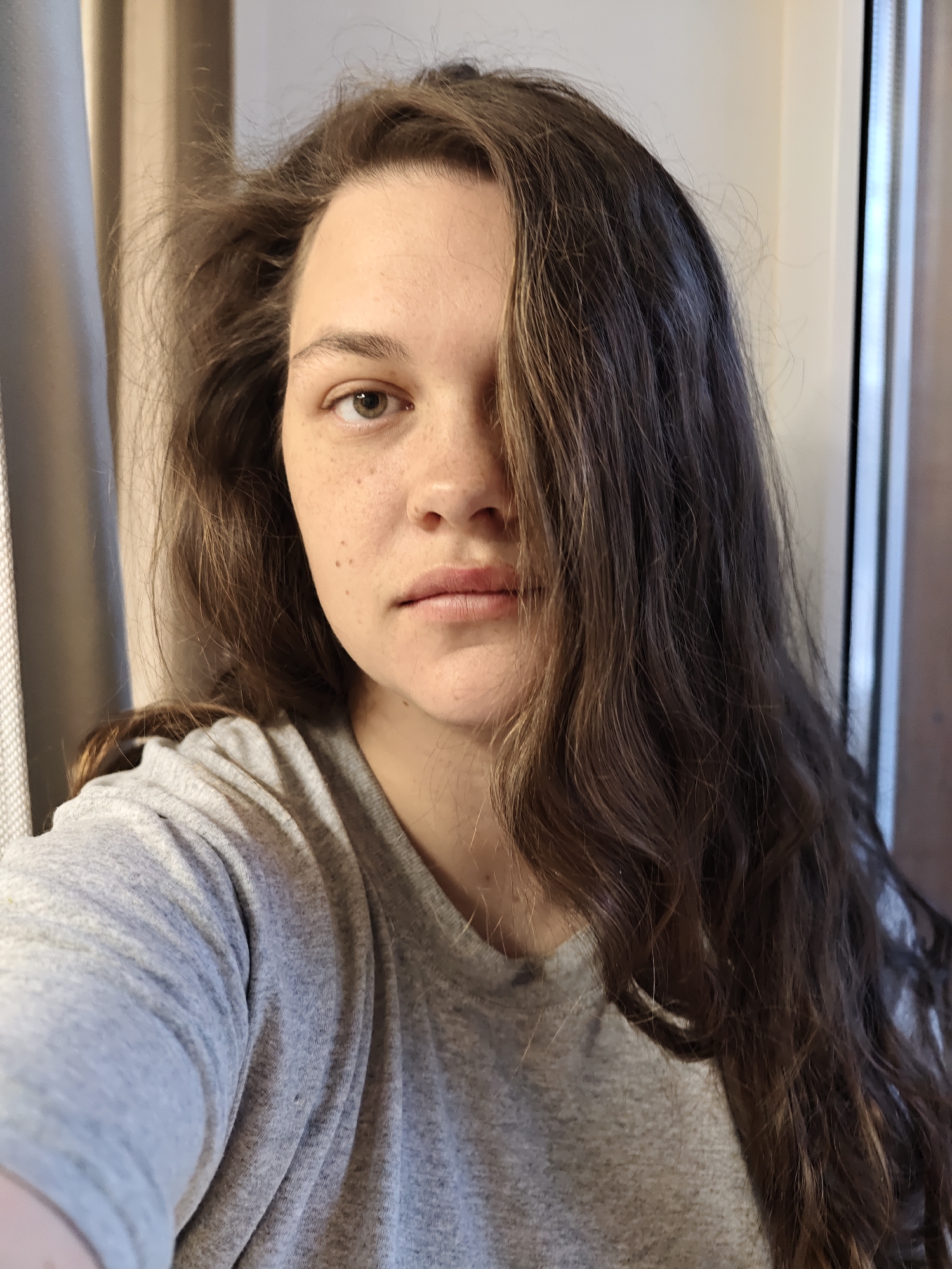 A medium close-up portrait captures a woman with fair skin and long, wavy brown hair partially covering her face. Her features include visible freckles, and her expression is neutral. She wears a gray t-shirt. The background consists of a neutral-toned curtain on the left and a wall or door with vertical wooden slats on the right. The location is not discernible as being in Chaikovsky, Russia, from the visual information provided.