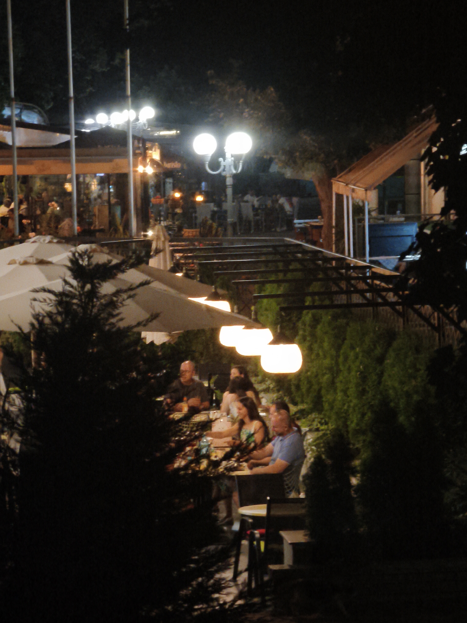 This image depicts an outdoor seating area of a restaurant or cafe at night in Lovech, Bulgaria. Several people are seated at tables, some of whom appear to be dining or socializing. The foreground is dominated by dark foliage, partially obscuring the view. In the midground, white umbrella-like structures suggest an outdoor dining setup. Several warm-toned globe lights are visible, illuminating the scene. The background shows further building structures and more lighting, indicating a built-up area. The overall atmosphere is that of a nighttime outdoor gathering place.