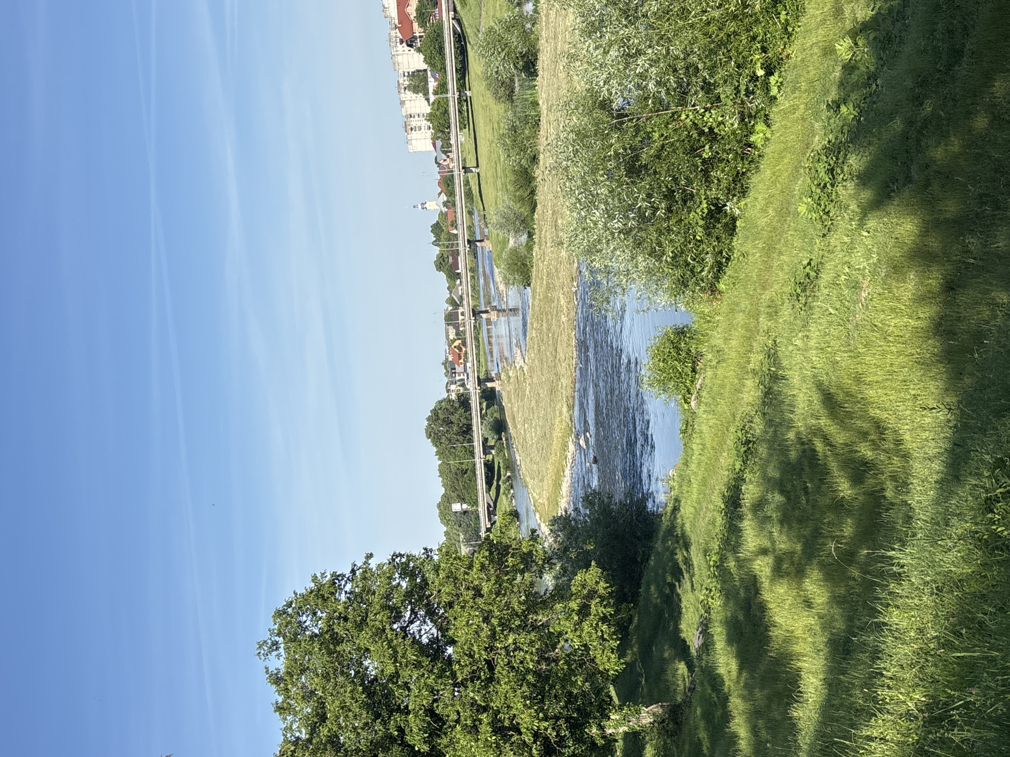 A wide-angle, outdoor, eye-level shot depicts a serene river flowing through a lush green landscape under a clear blue sky. The foreground is dominated by a vibrant, sun-drenched grassy slope, with a large, leafy tree on the left casting dappled shadows across the terrain. The river, a calm, blue expanse, meanders from the foreground into the middle ground, with rocks visible in its shallow sections.
On the far bank of the river, a flat, dry grassy area is dotted with scattered bushes. A multi-span concrete bridge crosses the river in the middle ground, with a road visible on top of it. Beyond the bridge, a town or city skyline unfolds, characterized by low-rise buildings with red-tiled roofs and taller, multi-story apartment buildings. A white church spire stands out among the structures. The background is a hazy panorama of the urban environment contrasted with distant green trees. The lighting suggests it is daytime, likely late morning or early afternoon, given the brightness and clear sky. There are no people or animals visible in the frame.