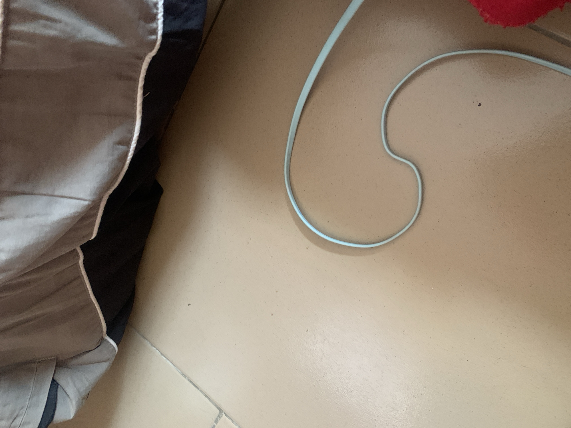 A light blue cord loops across a light brown tiled floor. In the upper portion of the image, a portion of a bed with a grey comforter and a dark underside is visible. A small red object is partially visible in the lower right corner. The scene appears to be indoors, possibly a bedroom or living area.