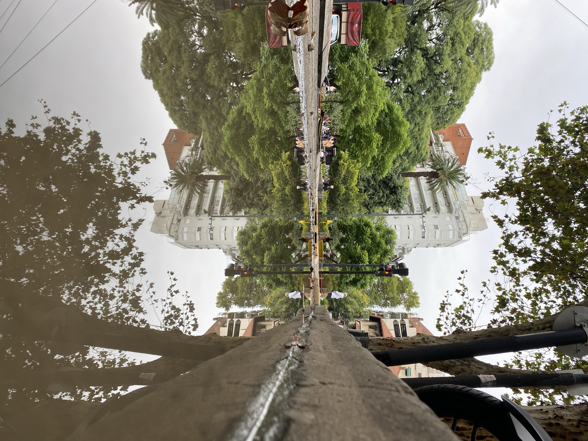 This image depicts an urban street scene in Buenos Aires, Argentina, specifically near Parque Las Heras in the Palermo neighborhood, as indicated by a legible street sign. The environment is overcast, suggested by the diffused lighting and a large, irregular puddle of muddy water dominating the lower half of the frame, indicating recent precipitation.
In the immediate foreground, a concrete curb runs along the right side, separating the viewer's position from the puddle. Scattered dry leaves and small stones are visible on and near this curb. The puddle's surface acts as a mirror, reflecting the gray sky, lush green trees, and architectural elements of the background in an inverted fashion. A crumpled brown object, possibly a paper bag, rests at the far left edge of the puddle.
Beyond the puddle and across the street, a verdant landscape of numerous trees, including large broadleaf species and a palm tree, signifies a park area. A black traffic light pole on the left displays a red light. To the right, a street sign assembly points towards "Parque Las Heras" and "Centro Comercial."
Several individuals are present on the far side of the street or within the park's edge: a person in a white top and shorts is walking towards the right, clearly reflected in the puddle. Another person in dark clothing is walking away from the camera near the traffic light. A group of people is gathered on a low wall or bench near the park's entrance, with one individual seated separately further to the right. A red pickup truck with its bed covered by a red tarp is parked on the left side of the street, partially obscured by trees.
In the background, multiple-story residential buildings with balconies, primarily white, are visible, interspersed with trees. A distinct brick-red building stands out amidst the greenery, and a building with a terracotta-tiled roof is partially visible behind the street signs. Overhead electrical wires are faintly visible against the sky in the upper left. In the extreme upper right, a black bicycle or motorcycle fender and tire are partially visible, attached to a pole.