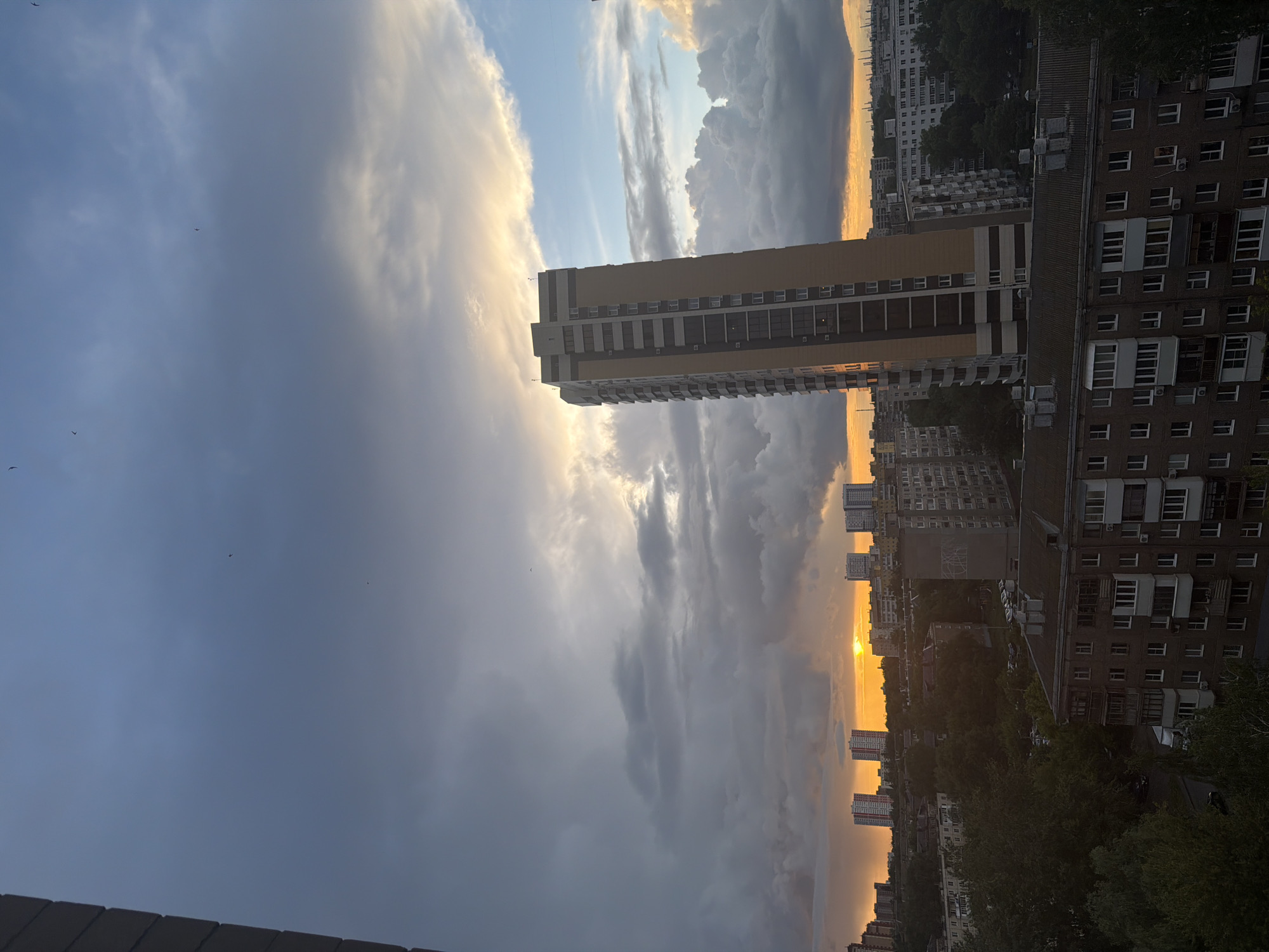 The image displays a dramatic urban landscape at either sunset or sunrise, viewed from an elevated vantage point. The sky occupies a significant portion of the frame, showcasing a striking contrast between dark, heavy grey-blue clouds on the left and bright, golden-lit clouds towards the right. The sun, a distinct, intensely luminous golden orb, is visible near the right horizon, casting a warm glow across the sky and distant buildings. Several small, dark specks, likely birds, are scattered across the upper sky.
An array of urban structures fills the lower half of the image. A tall, modern apartment building with a light brown or beige facade and numerous windows is prominently featured in the midground, its upper sections illuminated by the sun's warm light. Surrounding it are many other multi-story residential buildings, some appearing older with darker brickwork, equipped with balconies and visible air conditioning units. Patches of green trees are visible between the buildings, indicating an integration of greenery within the urban environment.
The lighting is characterized by stark contrasts between sunlit areas and shadowed sections, creating a rich visual depth. There are no discernible people or specific activities taking place. No visible text is present in the image.