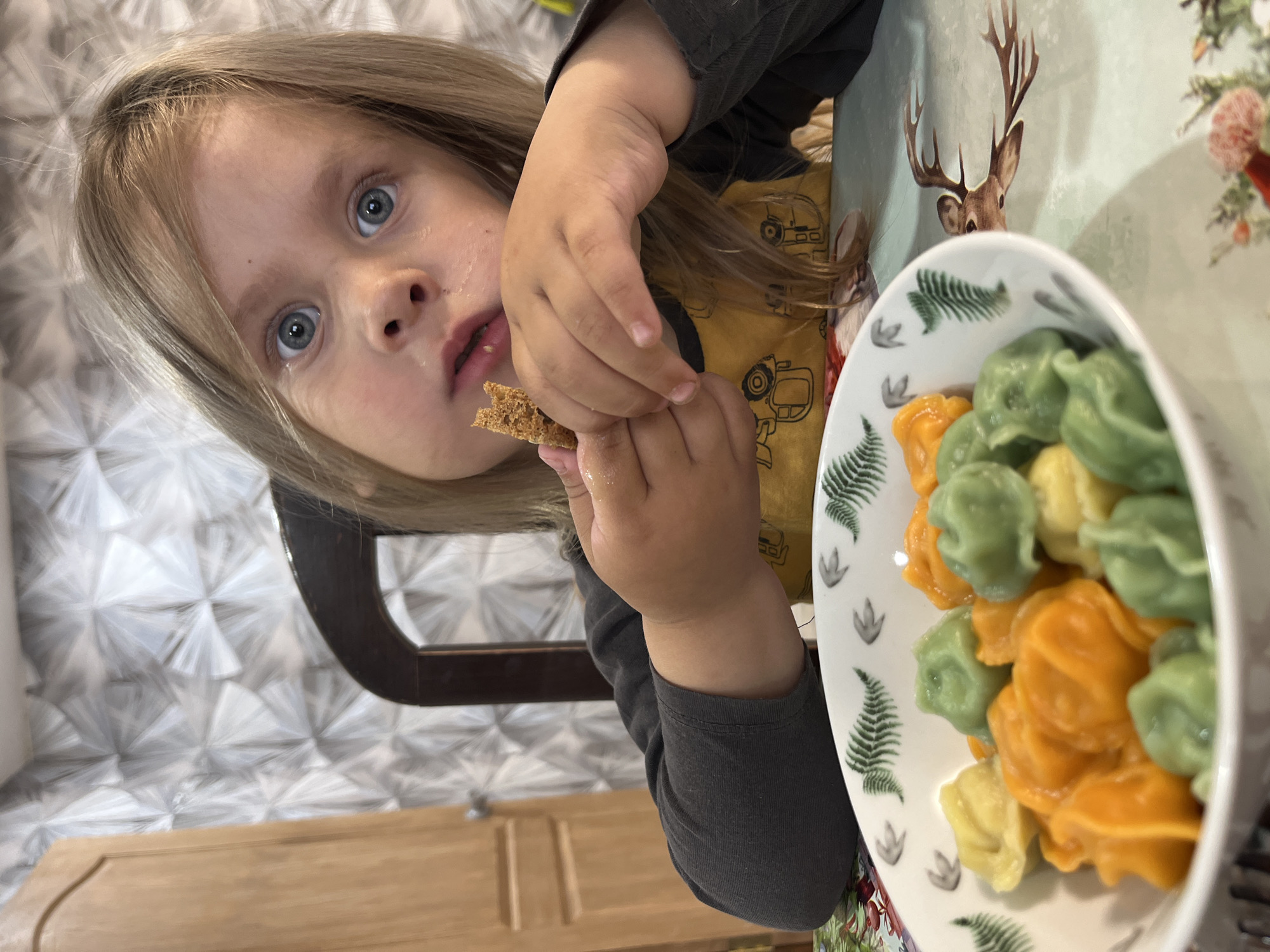 The image captures a close-up, eye-level perspective of a young child seated at a table, looking directly at the camera. The child has blonde hair and striking blue eyes, with a curious or slightly wide-eyed expression. They are holding a small, dark piece of food, possibly a cracker or bread, in their hands, and there's a light smudge near their mouth, indicating they are in the midst of eating.
The child wears a dark grey long-sleeved shirt over a yellow shirt patterned with what appear to be construction vehicles. To the right, a white bowl filled with an assortment of colorful dumplings (green, yellow, and orange) is placed on the table. The bowl itself is decorated with green fern patterns and small grey footprint symbols. The table is covered by a placemat or tablecloth featuring a nature-themed design, including a brown deer with antlers, a rabbit, and green foliage.
In the background, a distinctive geometric pattern adorns the wall, composed of radiating lines in grey and white. A dark chair frame is partially visible. The scene depicts a casual, indoor mealtime setting, likely within a home in Chaikovsky, Russia. No visible text is present in the image.