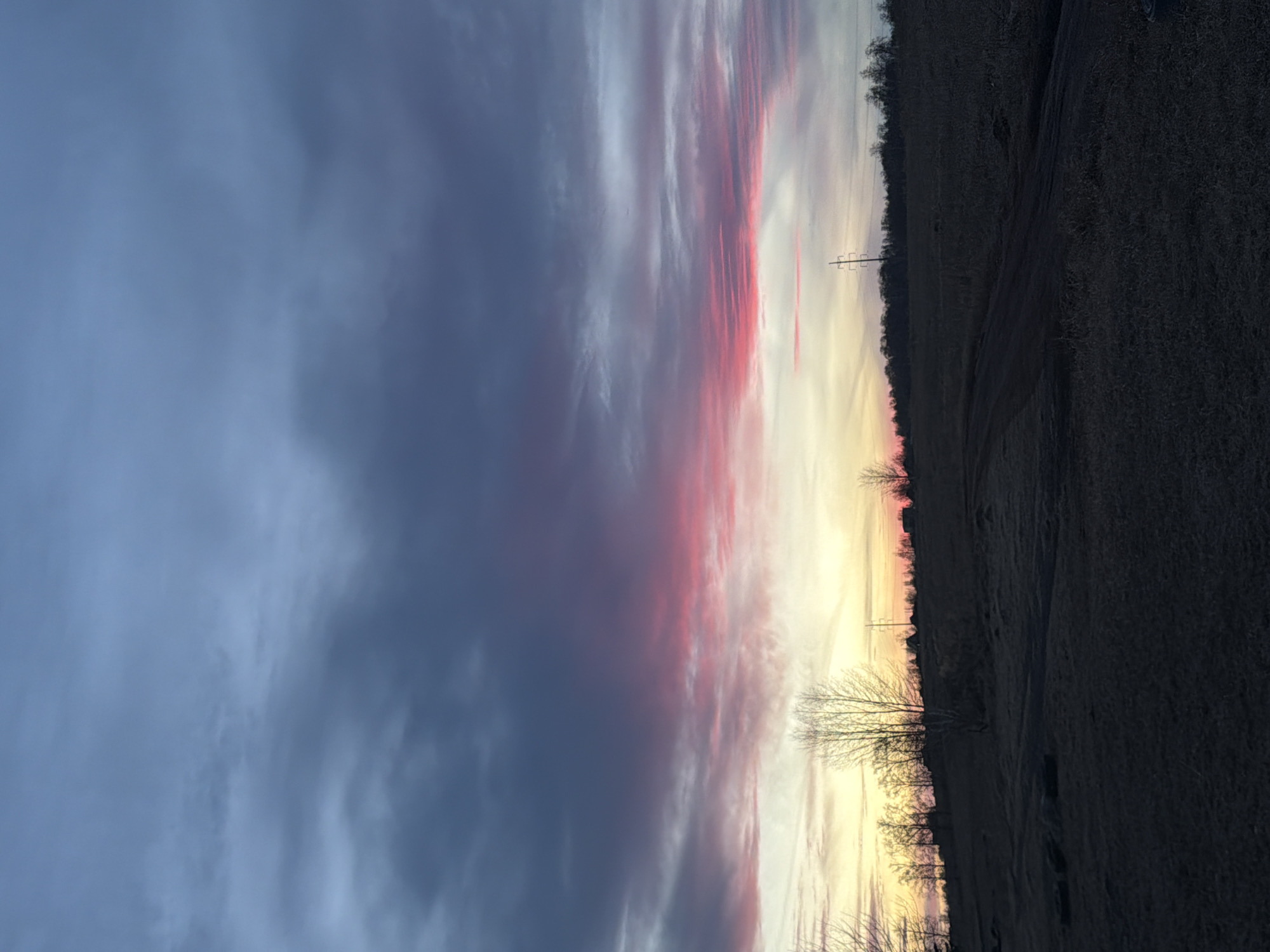 The image shows a landscape at dusk or dawn. A field of dark, dry grass occupies the right side of the frame. A line of bare trees is visible at the edge of the field, silhouetted against the sky. Utility poles are present in the middle ground. The sky is a mix of colors, with blue and gray clouds on the left transitioning to pink, yellow, and orange near the horizon. No people or animals are visible.
While the image evokes a rural scene, there is insufficient information to confirm its specific location within the city of Krasnoyarsk, Russia. Further details like specific landmarks would be necessary to make such a determination.