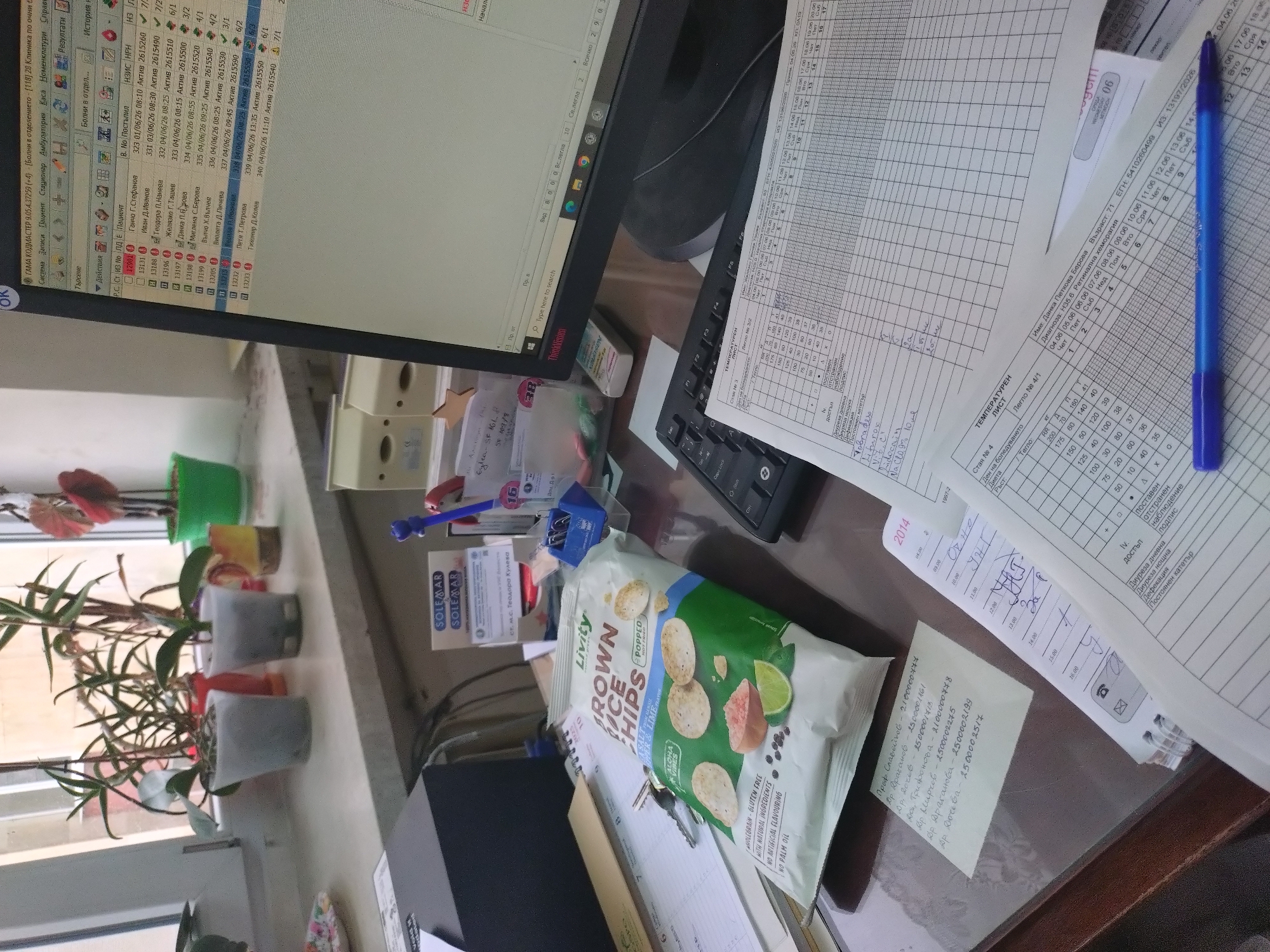 This image captures a desk setup in what appears to be a medical office or hospital in Stara Zagora, Bulgaria, during the daytime. The main subjects are a computer monitor displaying a medical information system, several printed patient charts and papers with handwritten notes, and a bag of "Livity Brown Rice Chips".
On the monitor, a software interface titled "ГАМА КОДМАСТЕР 9.05.4.37259" is visible, listing "Болни в отделението" (Patients in the ward) for "28 Клиника по очни" (28th Eye Clinic). The screen shows a list of patients (e.g., Ганчо Г.Стефанов, Иван Д.Иванов, Теодора П.Нанева) with dates (e.g., 04/06/26) and "Актив" status. A "ThinkVision" eraser is next to the keyboard.
A blue pen lies on several stacked medical charts. One chart, titled "ТЕМПЕРАТУРЕН лист" (Temperature sheet) for "Стая № 4" and "Легло № 4/1", records patient "Данка Петкова Берова" (Age: 71, Diagnosis: Н35.6 Retinal hemorrhage) with daily entries for temperature and other vital signs from "04.06" onwards. Another chart for "Стая № 3" and "Легло № 3/2" is partially visible, listing medications such as "Tobradex", "Lifurox", and "NaCl 0,9% 10 ml". A white sticky note contains a list of names with associated numbers, possibly medical personnel or patient IDs, like "Проф. Славейков - 2100000777" and "Др Драганов - 2500001761".
Next to the papers is a green and white bag of "Livity BROWN RICE CHIPS POPPED" with "BLACK PEPPER & LIME FLAVOR", marked "WHOLEGRAIN - GLUTEN FREE" and "NO PALM OIL". On the windowsill, several small potted plants add a touch of greenery. Small cards with "SOLEMAR" and "ст. м.с. Теодора Кулева" (Nurse Teodora Kuleva) are also on the desk. The scene suggests an active workstation in a medical environment.