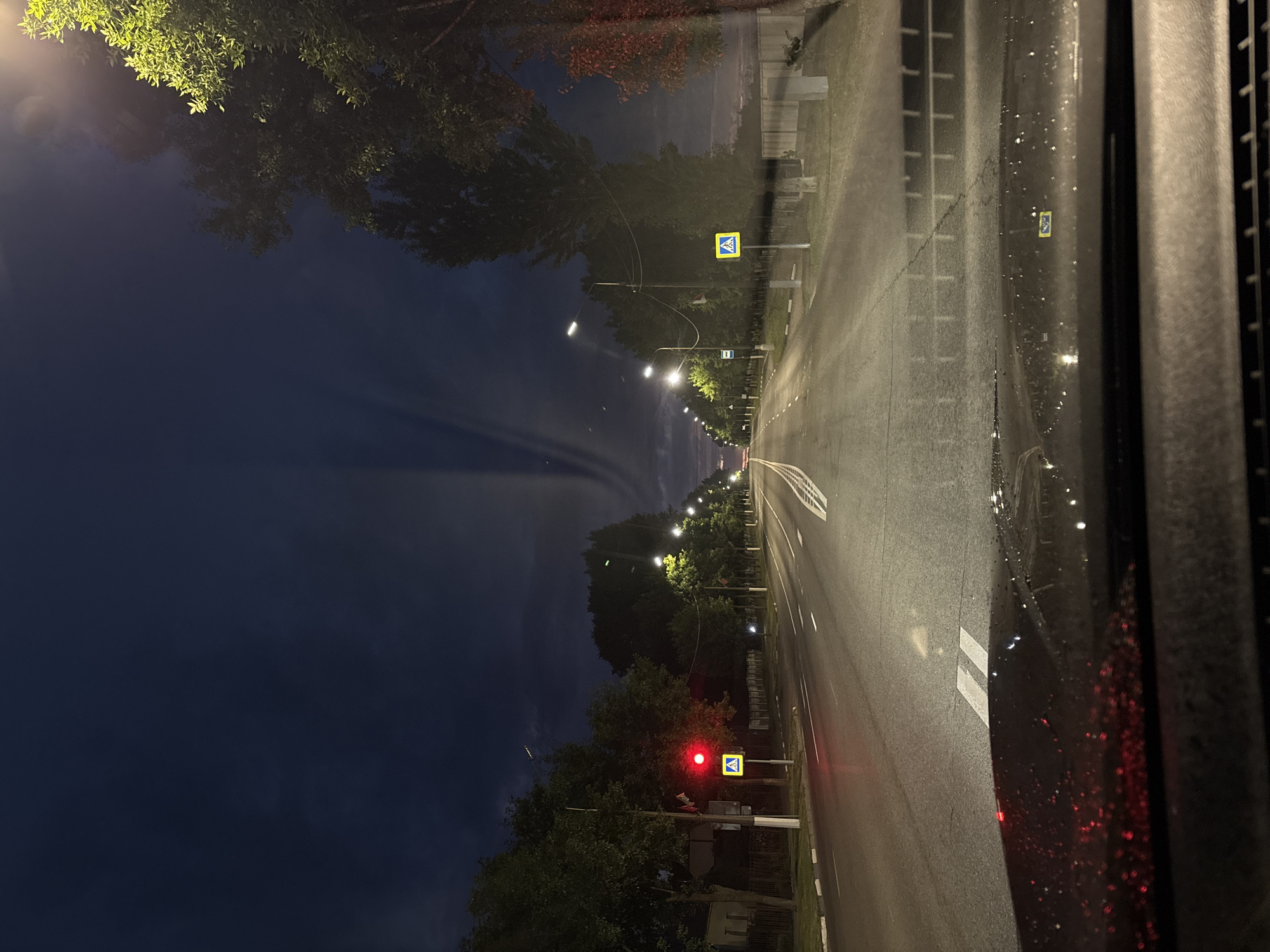 The image depicts a nighttime view from the perspective of a driver looking forward on a two-lane road lined with trees and streetlights. A red traffic light is visible on the left, accompanied by a pedestrian crossing sign. The road appears wet, with reflections of the streetlights on its surface. The sky is dark, with some wispy clouds. The overall impression is of a quiet, suburban or semi-rural road at night, possibly on the outskirts of a city. Based on the provided information, this scene is located on a road in the city of Vitebsk, Belarus.