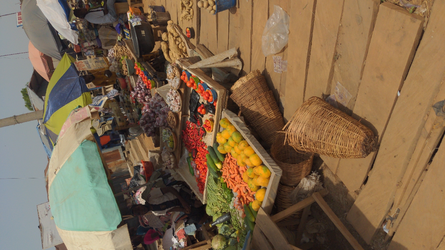 This image depicts a bustling outdoor market scene in Ado, Nigeria, under a clear daytime sky. The ground is a mix of dirt and wooden planks, which also form part of the market stalls and display surfaces.
The market is filled with a vibrant array of fresh produce. In the midground, wooden crates and baskets are laden with various fruits and vegetables, including large piles of red onions, bright red tomatoes, numerous red chili peppers, fresh green cucumbers, vivid orange carrots, and ripe yellow papayas. Green leafy vegetables, possibly lettuce or cabbage, are also visible. Other goods, such as potatoes in a blue plastic basket and what appear to be yams or similar root vegetables, are displayed on elevated surfaces. Several large, woven baskets are placed on the wooden planks, likely used for storage or transport of goods.
Several people are scattered throughout the market, engaged in commercial activities. Some individuals are seen tending to their stalls, while others move between them. Overhead, various market umbrellas in colors such as blue and yellow, white, and light blue provide shade from the sun. The overall impression is one of a busy and active trading environment. A sign bearing the text "AVAILABLE" can be seen among the market stalls. The bright, natural lighting indicates it is daytime with fair weather.