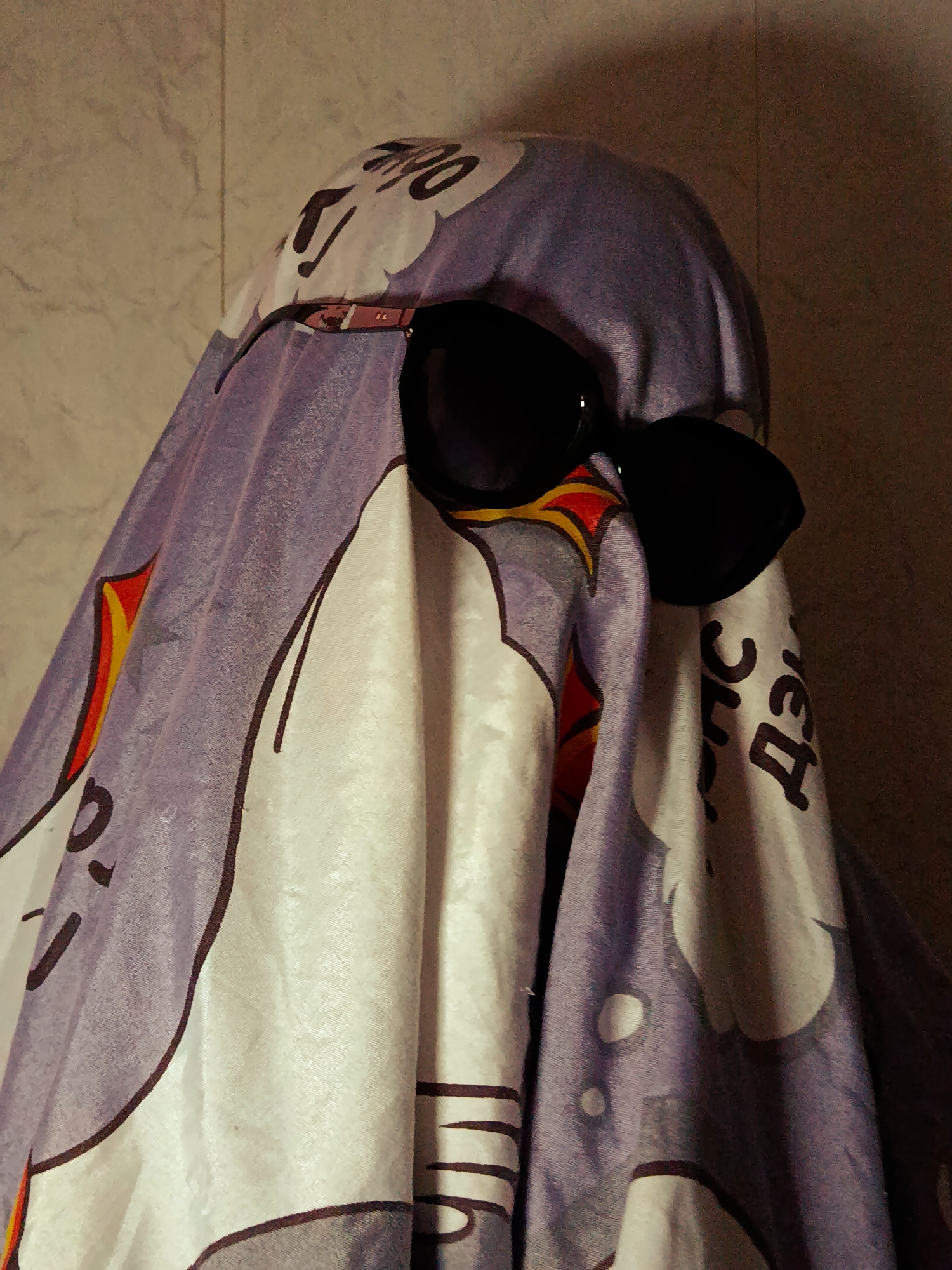 A person is draped in a patterned sheet, wearing sunglasses and a belt over the sheet. The sheet is predominantly white with purple and red accents, featuring cartoon-like illustrations and Cyrillic text. The background is a dimly lit interior with beige walls. The location cannot be determined as Фоки, Russia based on the image content.