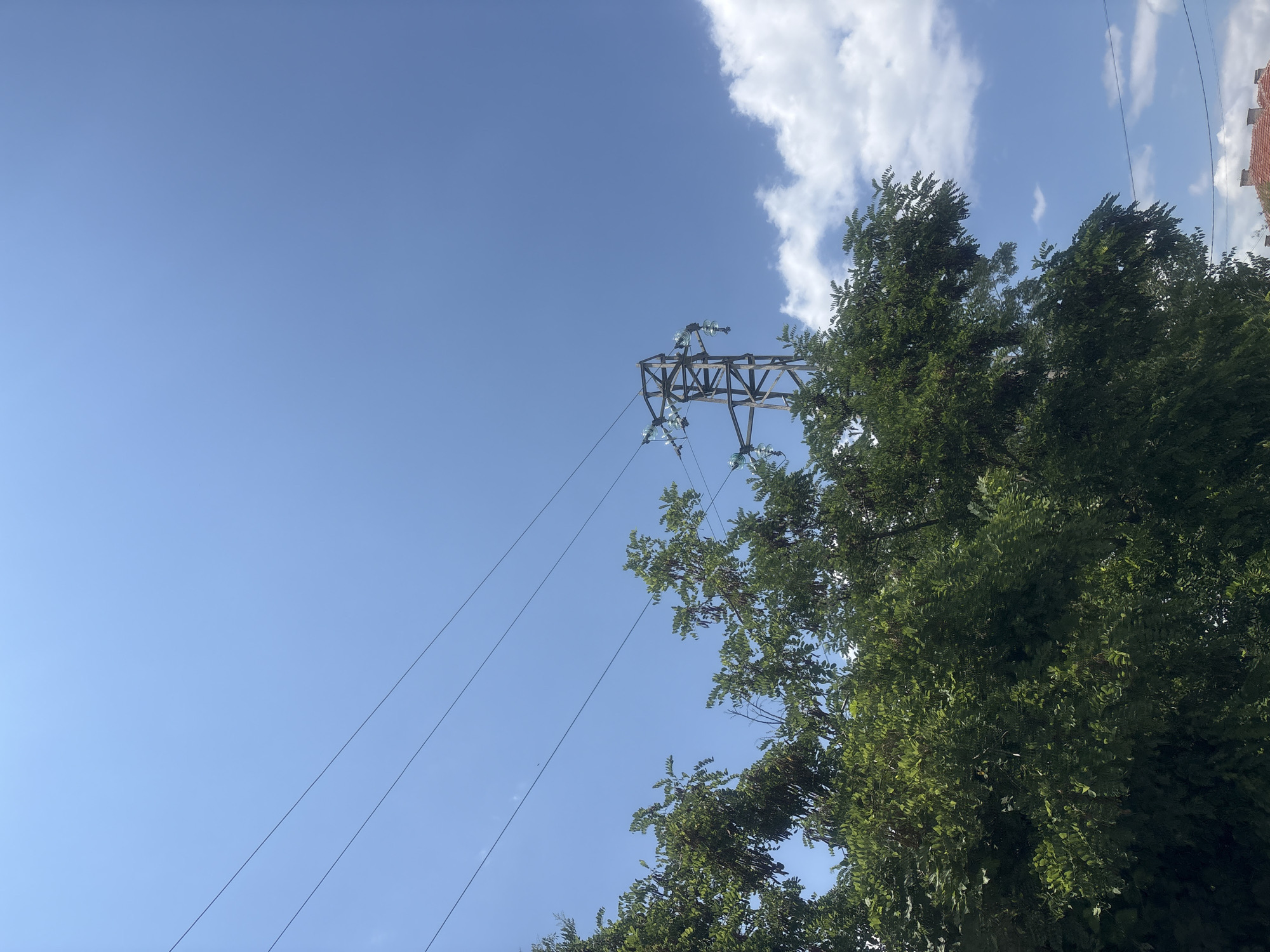 In Strelcha, Bulgaria, a power line tower stands tall against a clear blue sky. The tower is made of metal and has several insulators. Power lines stretch horizontally across the frame, meeting the tower. To the left, a dense green tree with small leaves partially obscures the sky. White clouds are visible in the distance. The bottom right of the image shows the tiled roof of a building.