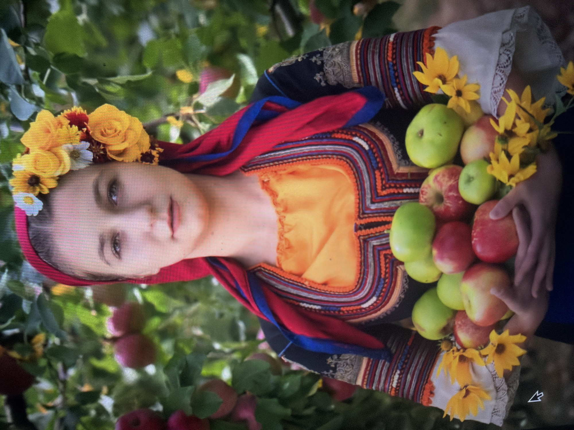 A young woman stands outdoors in an apple orchard in Shumen, Bulgaria, looking directly at the viewer. She has light hair pulled back and is wearing a red headscarf adorned with a floral crown consisting primarily of yellow and orange flowers on the right side of her head. Her attire includes an orange gathered blouse and a dark outer garment with intricate, multi-colored geometric embroidery on the neckline and sleeves, which also feature white lace cuffs with yellow flowers tucked into them. She holds a large cluster of green and red apples in her cupped hands, with additional yellow flowers visible around her hands and sleeves. The background shows blurred green foliage and numerous red apples on trees.