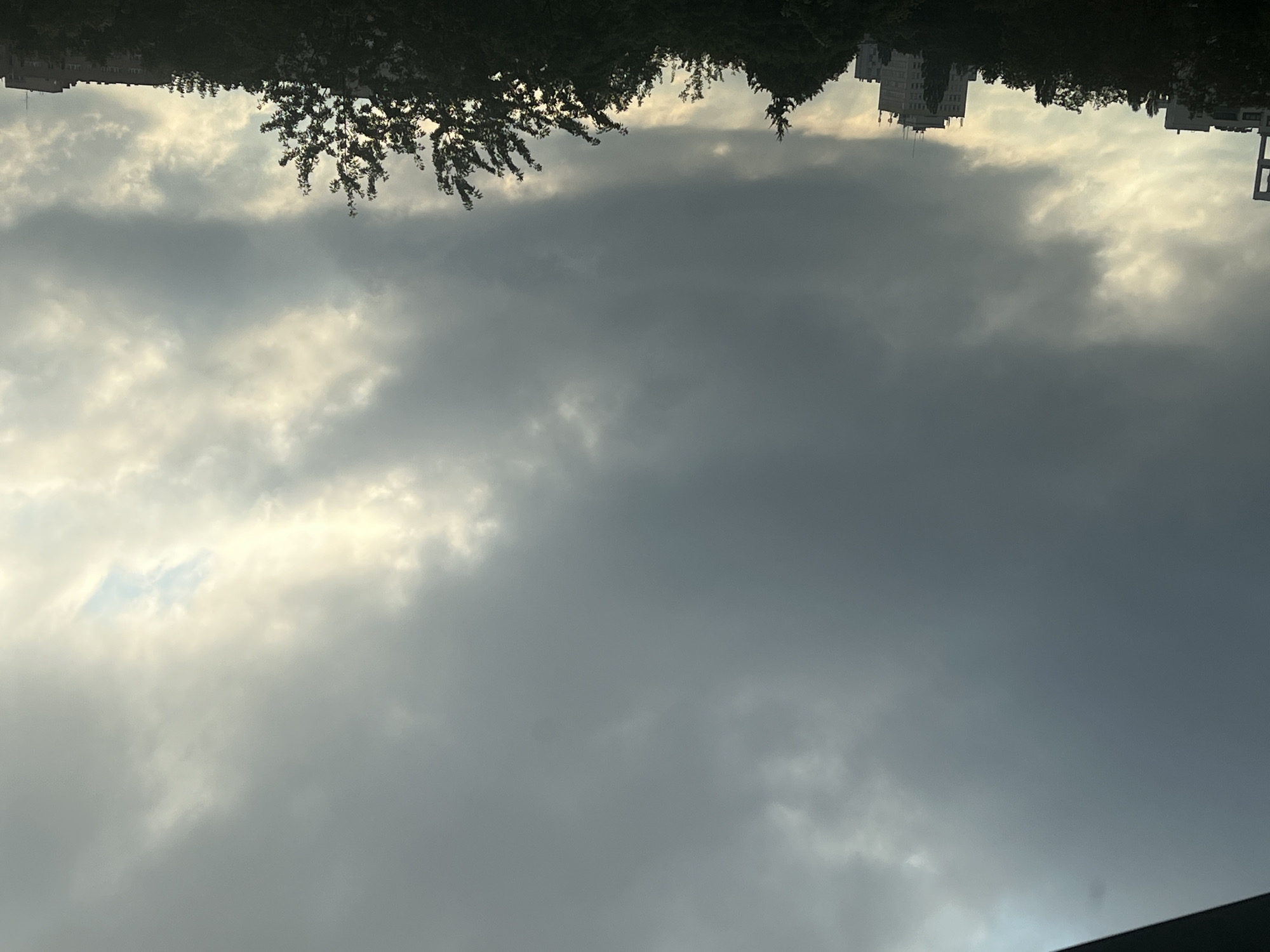 The image captures a city skyline under a dramatic, overcast sky. Dark, heavy clouds dominate the upper portion of the frame, with lighter, more diffused clouds breaking through on the right, allowing a pale yellow light to emanate. Silhouetted against this sky are the tops of several trees and buildings. On the left, a stark, modern building with horizontal lines is partially visible. In the center, a taller, rectangular building with multiple windows and what appears to be an antenna on top stands prominently. To the right, another, longer building with a flat roof and multiple windows is visible. Dark green foliage forms a dense line across the bottom of the image, obscuring the lower parts of the buildings and the ground. The overall impression is one of an impending storm or the aftermath of rain. The presence of distinct architectural styles, including what appears to be Soviet-era apartment blocks, suggests an urban setting likely in Eastern Europe, possibly Warsaw, Poland. There are no people or animals visible in the image.