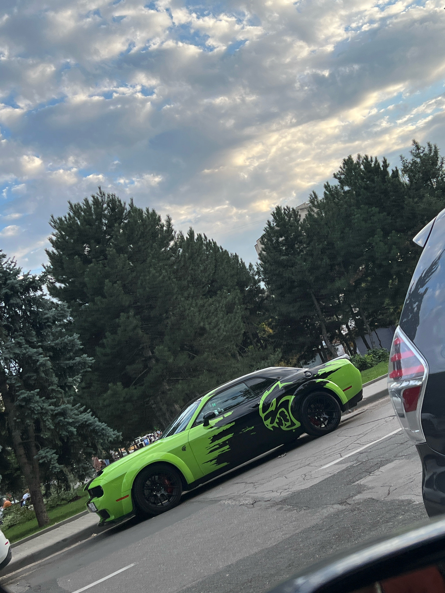 The image depicts a vibrant lime green Dodge Challenger with black racing stripes and a demon-head graphic on its side, parked on a street. The car is angled towards the viewer's right, with its front end slightly closer. The street is paved and shows some cracks. To the right of the Challenger, the rear of a dark-colored SUV is visible, its taillight illuminated.
Behind the cars, a line of tall, dark green evergreen trees forms a dense backdrop. Beyond the trees, a light-colored building can be seen, and further in the distance, more trees. The sky above is a mix of blue sky and large, puffy white and gray clouds. Some figures, appearing to be people, are visible in the background near the trees on the left side of the image, suggesting a park or public space adjacent to the street. The overall lighting suggests it is either late afternoon or early evening.
