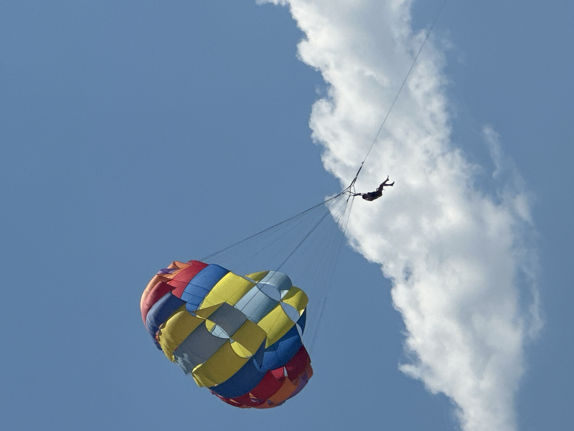 A person is parasailing against a clear blue sky with scattered white clouds. The parasail is multi-colored, featuring panels of red, yellow, blue, and gray. The person is suspended below the parasail by tethers, appearing to be in a relaxed posture with legs extended. The background consists of the vast expanse of the sky, with clouds visible in the lower right quadrant of the image. The scene is likely taking place outdoors, possibly near a coastal area, as parasailing is a common water sport. The image does not provide specific information that can be used to determine a location in Boreti, Montenegro, or any other specific city.
