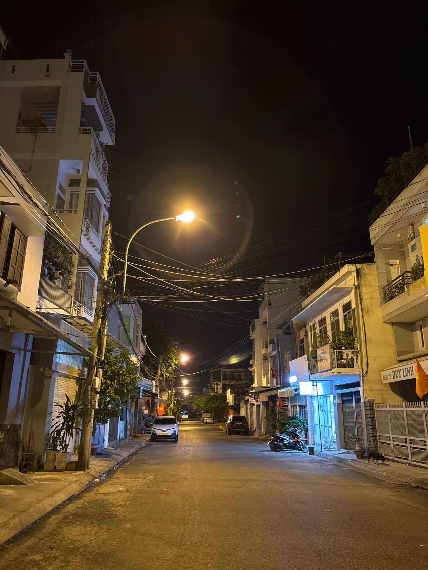 The image depicts a nighttime scene on a residential street in Nha Trang, Vietnam. A street lamp with a bright bulb illuminates the asphalt road, casting a warm glow. The street is lined with multi-story buildings on both sides, featuring balconies and windows. Power lines crisscross overhead, creating a dense network against the dark sky.
On the left side of the street, a white car is parked. Further down, a motorcycle is visible. A black dog is walking on the sidewalk on the right side of the street. Some of the buildings have signs, including one that reads "DUY LINH" in English, indicating a commercial establishment. Plants are visible on balconies and near the buildings. The overall impression is of a quiet, urban residential area at night.