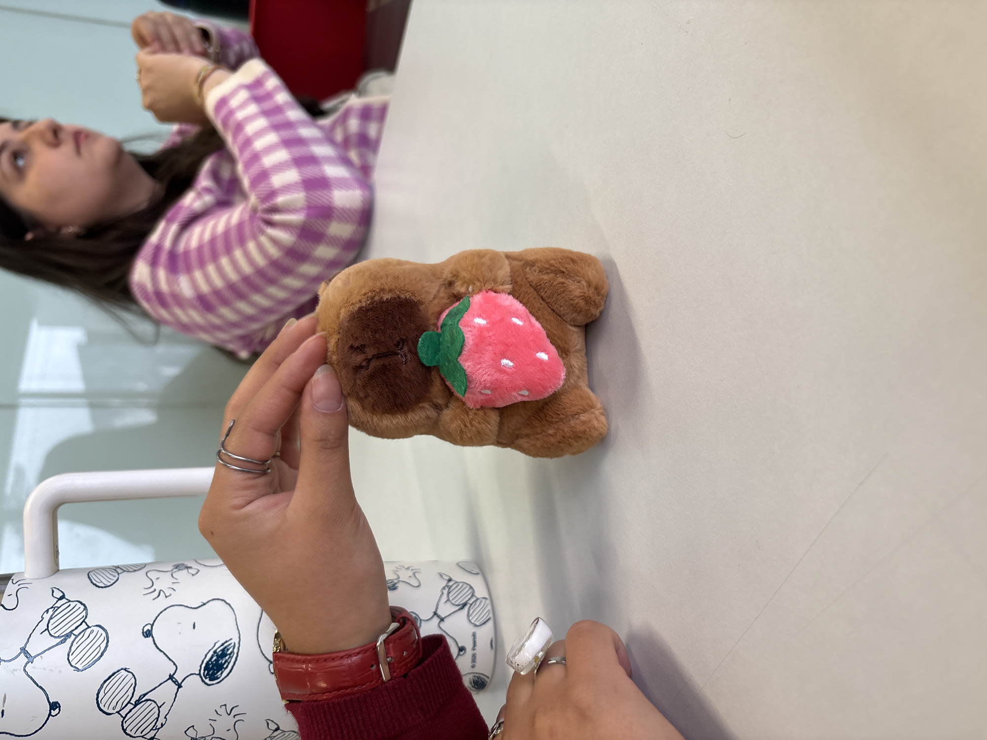 A woman in a purple and white checkered sweater is seated at a white table. She holds a brown plush toy resembling a bear with a pink strawberry attached. Her left wrist has a red watch. She wears rings on both hands. A white water bottle with Snoopy designs is visible on the left side of the frame. The location is possibly Mexico City, Mexico, but there is no evidence in the image to confirm that location.