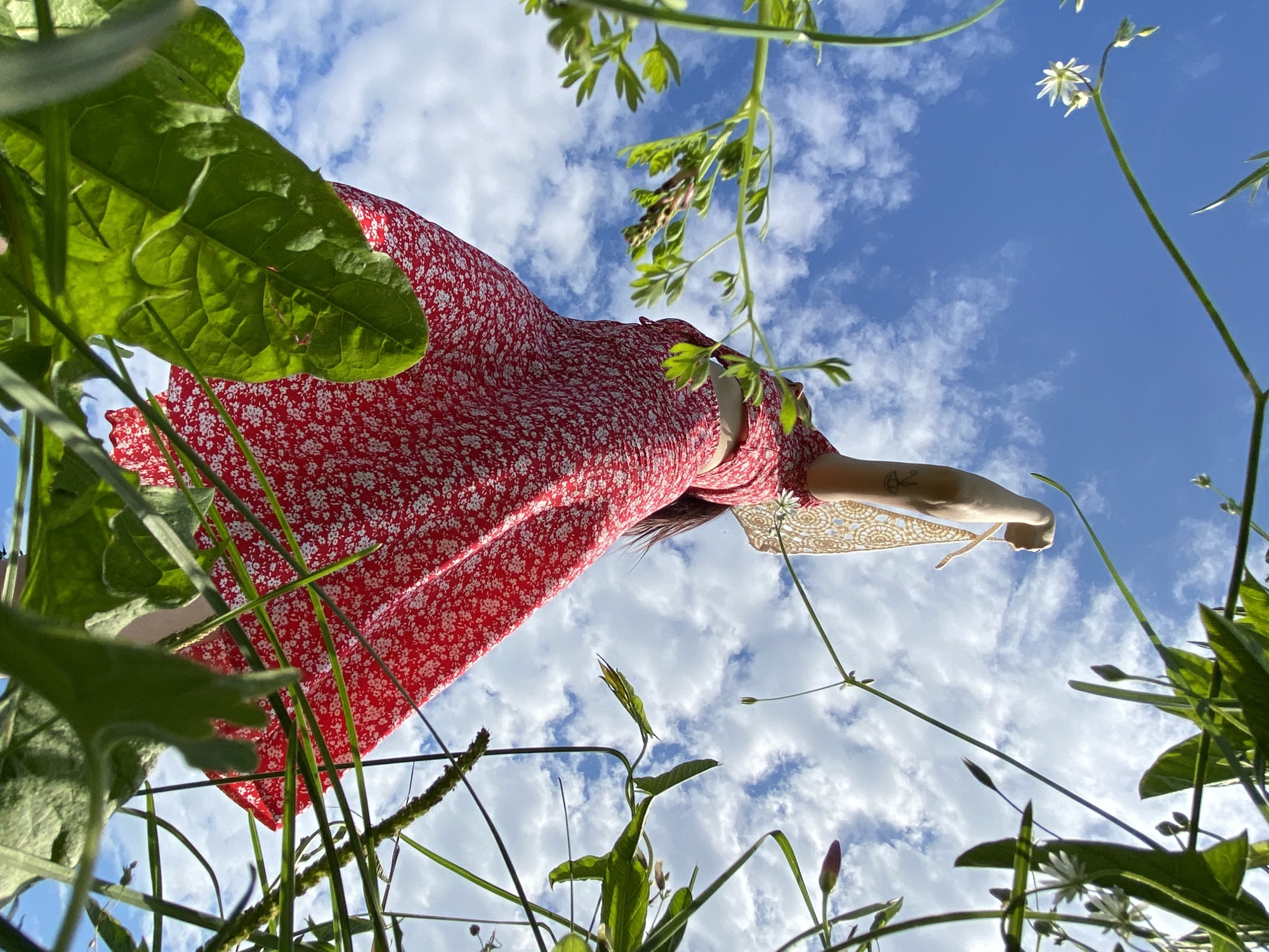 A low-angle shot captures a person wearing a red floral dress, viewed from below. They are outdoors, surrounded by lush green foliage in the foreground, which frames a bright blue sky dotted with white, fluffy clouds. The person's arm is extended upwards, and they are holding a light-colored, woven hat. A subtle tattoo is visible on their forearm. The lighting suggests it is daytime, likely sunny given the clarity of the sky. The overall impression is one of freedom and a connection with nature, possibly during warmer weather. The scene is set outdoors, with the sky and vegetation indicating a natural environment. The image was taken in Foteni, Russia.