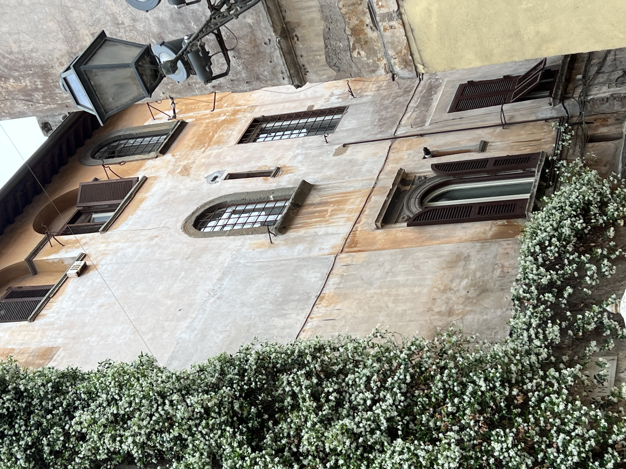 A low-angle shot captures the façade of a building, likely in Rome, Italy, evident from its architectural style and weathered appearance. The building has a light beige or cream-colored exterior, textured with age, showing signs of discoloration and wear. Windows of various shapes and sizes punctuate the wall, some arched and others rectangular, all fitted with dark-colored metal grilles and, in some cases, dark-colored shutters, some of which are partially open. A profusion of flowering vines with small white blossoms cascades over the lower portion of the building, adding a natural, softening element to the urban structure. Above the building, a vintage-style street lamp with a boxy, multi-paneled design and several light fixtures is attached to the exterior. The sky is visible in the upper left corner. The image suggests a blend of architectural history and nature's reclamation.