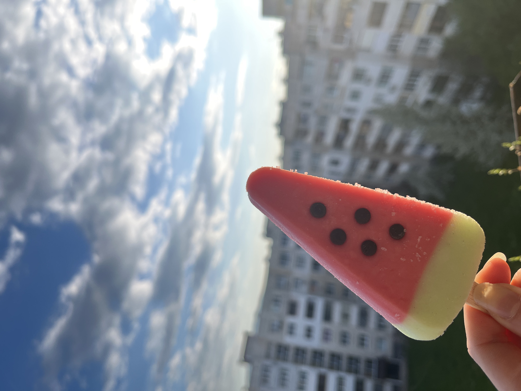 A close-up, upward-angled shot captures a hand holding a watermelon-shaped popsicle against an urban backdrop and sky. The image is oriented vertically, showing the sky at the top and buildings below.
The primary subject is a popsicle, designed to resemble a slice of watermelon, held by a person's fingers gripping a wooden stick. The popsicle has a vibrant red top section with four dark, circular 'seeds' (likely edible) and a distinct pale green or yellow base, representing the rind. Fine frost crystals are visible on the surface of the popsicle, indicating its cold temperature. The hand holding the popsicle appears to have neat, unpainted fingernails.
In the background, a bright, partly cloudy sky dominates, featuring large, soft white and grey clouds against a clear blue. To the right, a tall, multi-story apartment building, with numerous windows and a light-colored facade, is visible, though slightly out of focus. This architectural style suggests an urban environment, consistent with the provided context of Sofia, Bulgaria. Faint green foliage can be seen along the very right edge of the frame.
The image depicts a casual outdoor moment, likely during a warm day, possibly late afternoon or early evening due to the soft lighting. The activity is the enjoyment of a refreshing cold treat. No visible text is present in the media. The scene conveys a sense of summer leisure in a city setting.