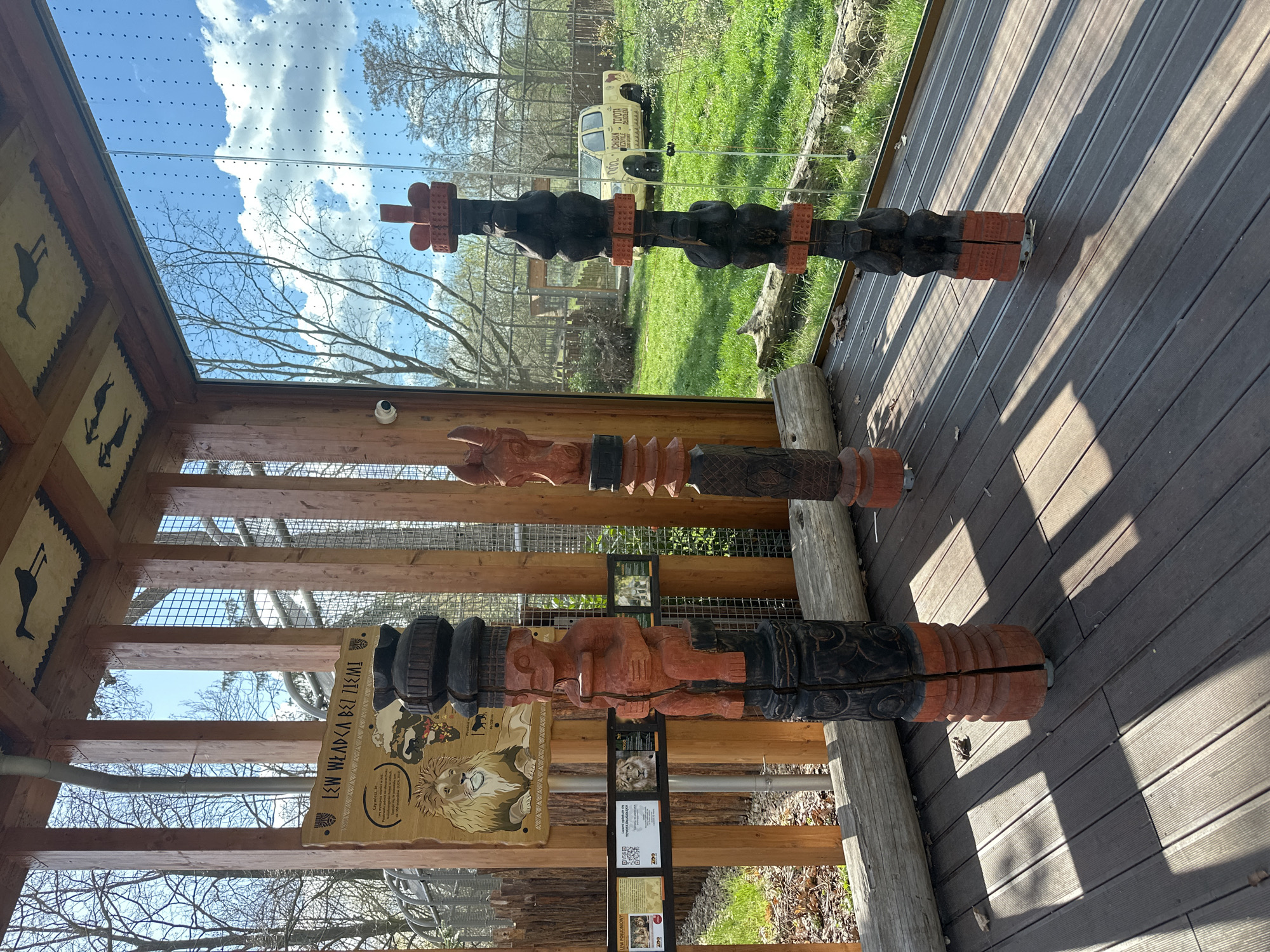 This photograph depicts two tall, carved wooden posts, likely totem poles, displayed in an outdoor exhibit. The poles are positioned vertically on a wooden deck within a semi-enclosed structure with a glass roof, allowing views of the sky with clouds. The posts are carved with various figures and designs, with sections painted in dark tones and reddish-brown. Informational signs are posted nearby, one of which reads "LEW WŁADCA BEZ ZIEMI" and includes a depiction of a lion's face. Through the clear partition, a grassy area and trees are visible, as well as a vehicle with "ICHIBAN TOYOTA" markings. The scene appears to be located in the Wrocław Zoo in Wrocław, Poland.