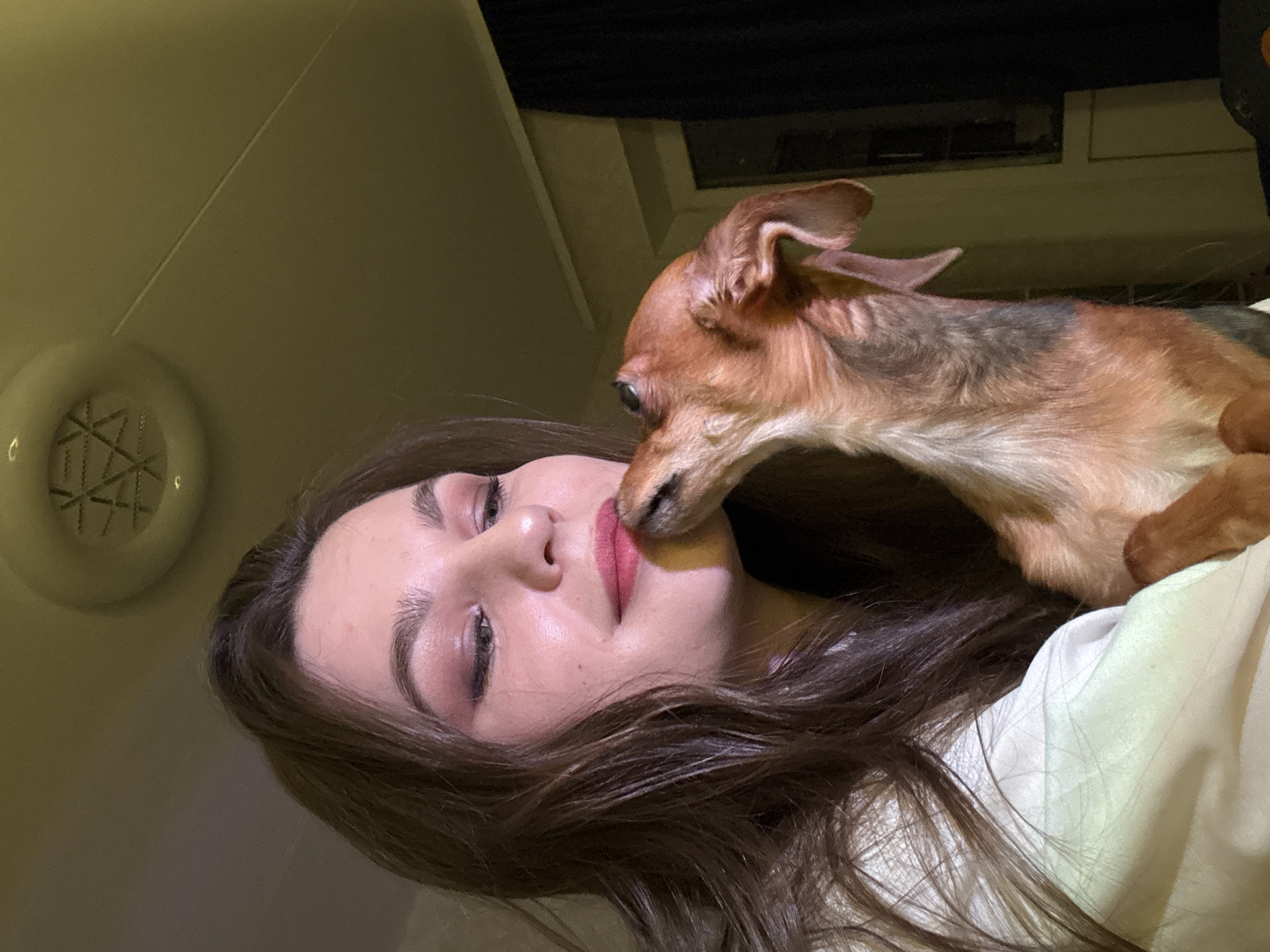 A woman lies down, her head tilted, with a small brown dog nuzzling her face. The woman has long brown hair and wears makeup. The dog is partially atop her, with its front paws on her upper body. The background includes an air vent and a window frame. Based on the information provided, the location is in the city of Chaikovsky, Russia.