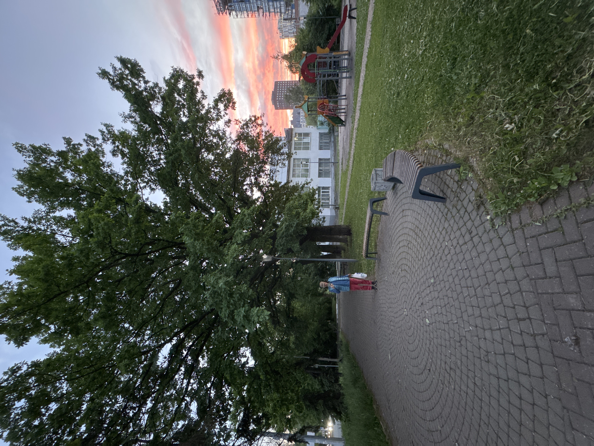 The image shows a park scene in Izhevsk, Russia at dusk. The sky is streaked with pink and orange hues. In the background, there's a multi-story building and a children's playground with slides and climbing structures. A white, low-rise building is also visible behind the trees. A large tree dominates the left side of the frame.
A walkway made of interlocking circular-patterned paving stones stretches diagonally across the image. A park bench sits on the right edge of the walkway. A person dressed in red pants and a blue jacket is walking along the walkway. A street light is visible among the trees. Grass and some weeds border the walkway on the right side.