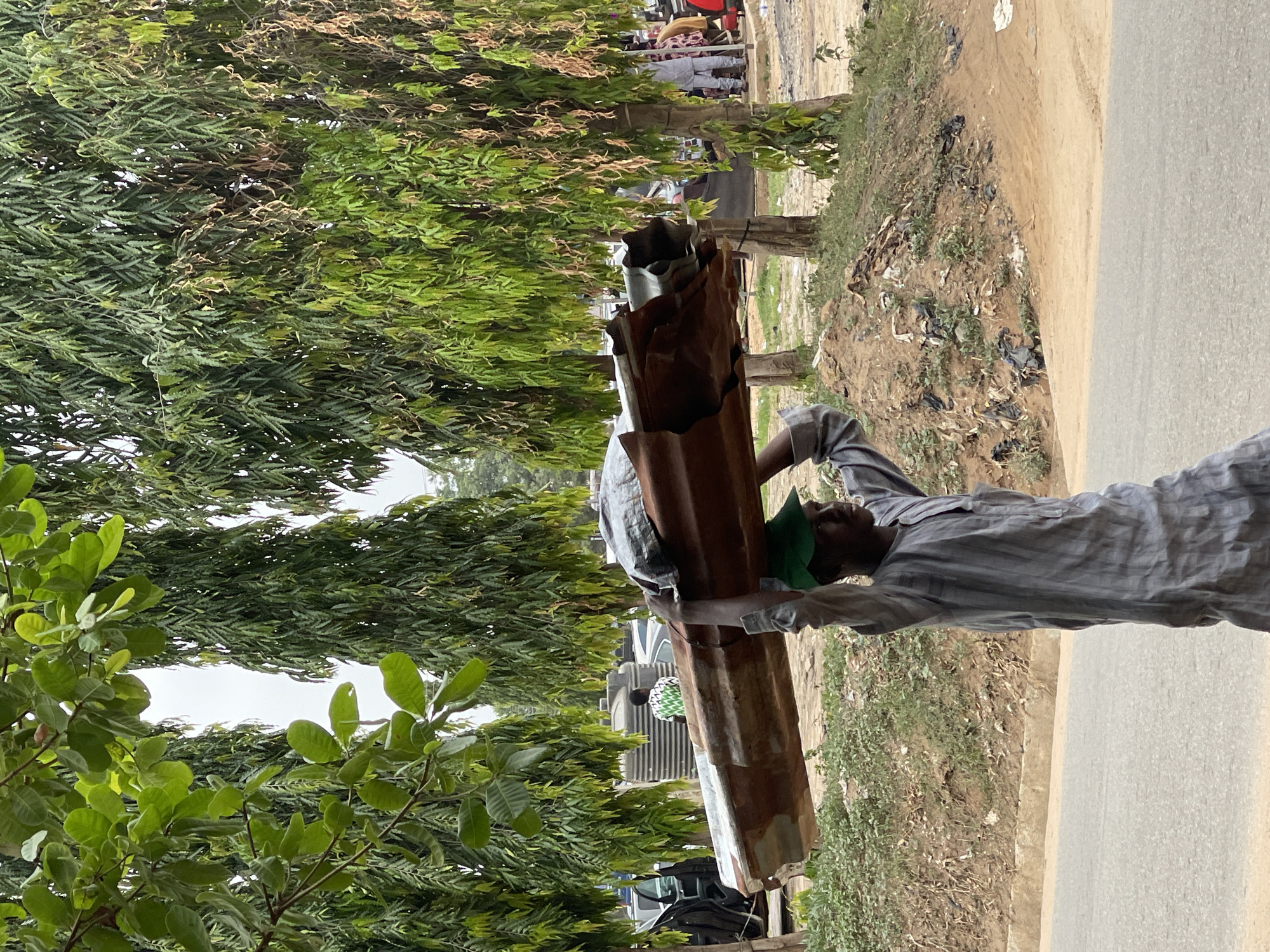 The image captures a daytime scene along a roadside in Abuja, Nigeria, under what appears to be an overcast sky. The primary subject is a man, positioned on the right side of the frame, who is carrying a substantial load of rusted or discolored corrugated metal sheets on his head and shoulders. He is dressed in a light-colored, possibly striped, long-sleeved shirt and a green cap.
To the man's left, a dense array of green trees, featuring various leaf types, forms a natural boundary. Between these trees and the paved road that stretches along the far right, lies a strip of unkempt dirt and sparse grass, littered with discarded plastic bags and other debris. The road surface is grey asphalt. In the background, beyond the trees, several other individuals are faintly visible, some standing, suggesting a populated area. Hints of vehicles are also discernible further back. The overall atmosphere conveys a moment of everyday manual labor within an urban or semi-urban environment. There is no visible text in the image.