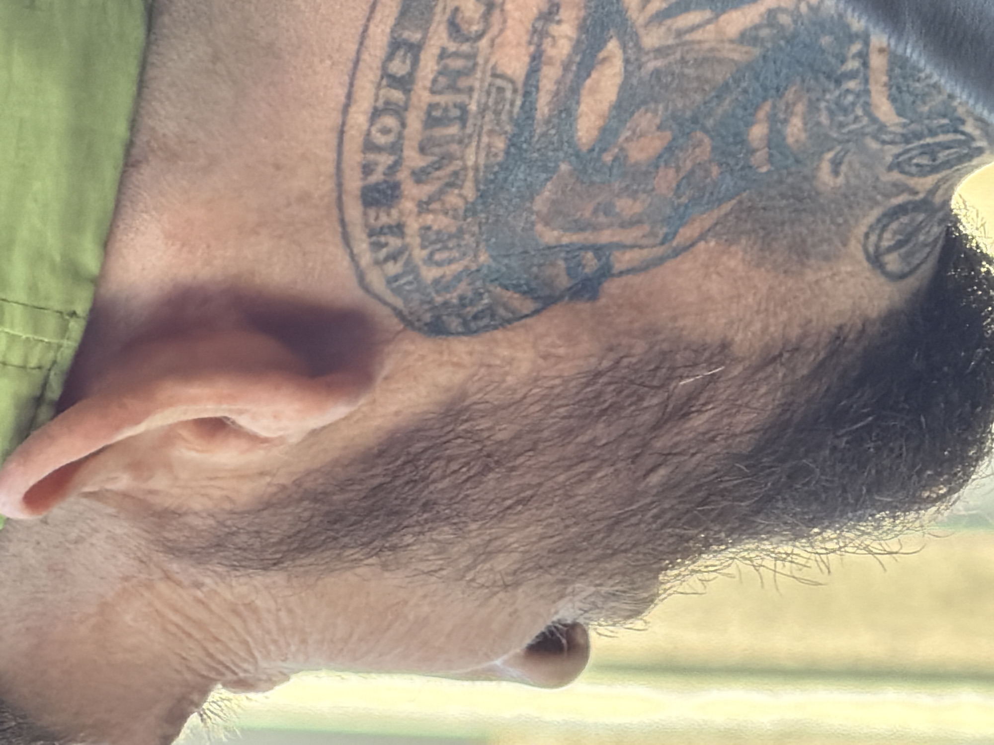 A close-up profile view of the side of a person's head and neck is captured in this image. The individual has a beard and a tattoo on their neck, which appears to be a depiction of an American dollar bill. The person is wearing a green garment, possibly a hat or shirt collar, at the top of the frame. The background consists of blurred vertical lines, suggesting an outdoor or window setting with diffused light. The image lacks sufficient detail to determine a specific location within Leudelange, Luxembourg.