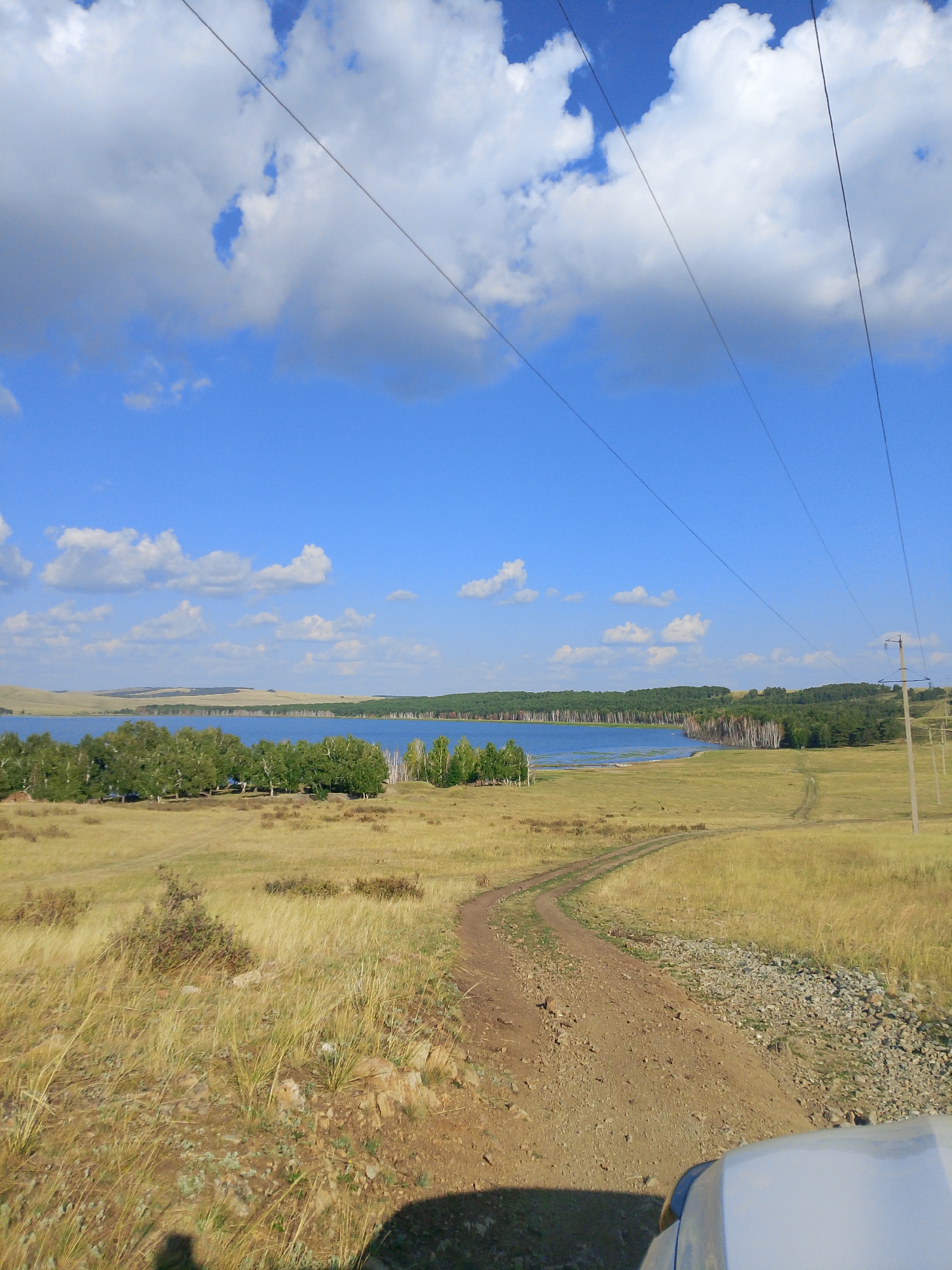 The image depicts a rural landscape, likely in the vicinity of the village of Savinka, Kazakhstan. In the foreground, the hood and windshield of a vehicle are visible, casting a shadow on the dusty dirt road that curves away into the distance. The road cuts through a dry, grassy field with scattered rocks and low-lying vegetation.
Beyond the field, a body of water, possibly a lake or river, stretches across the mid-ground. The water is calm and reflects the bright blue sky dotted with fluffy white clouds. Along the far bank of the water, a dense line of trees forms a dark green horizon, with scattered lighter birch trees interspersed.
In the background, rolling hills with sparse vegetation recede into the distance, meeting the horizon under the expansive sky. Power lines crisscross the upper portion of the image, supported by a distant utility pole on the right side. The overall impression is one of a vast, open, and somewhat arid natural environment. There are no people visible in the scene.