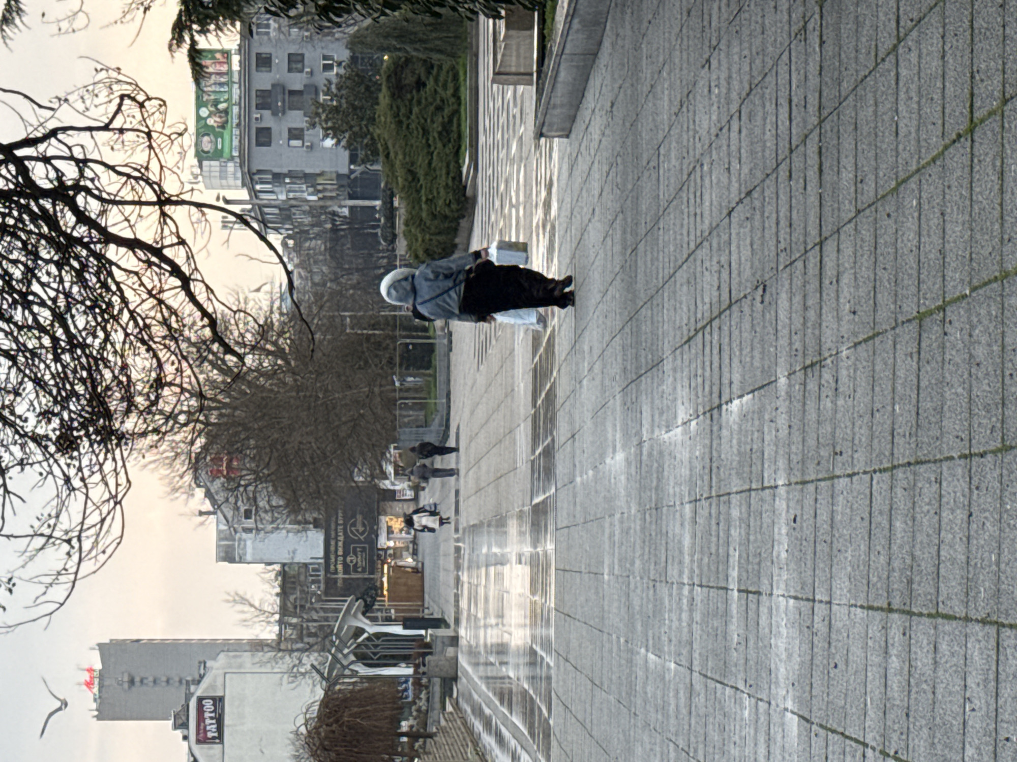 The image shows a pedestrian area in Burgas, Bulgaria on an overcast day. The ground is covered in gray paving stones, with some areas appearing wet, possibly from recent rain. A woman wearing a light-colored hooded jacket and dark pants is walking away from the camera, carrying a white bag. In the background, there are buildings of varying heights, including one with a large billboard on the side. Bare tree branches are visible on the left side of the image, framing the scene. There are a few other people walking in the distance and an abstract sculpture. Businesses and signs are visible along the street, with one sign that says "TATTOO" in English. A bird is also flying in the lower left corner of the frame.