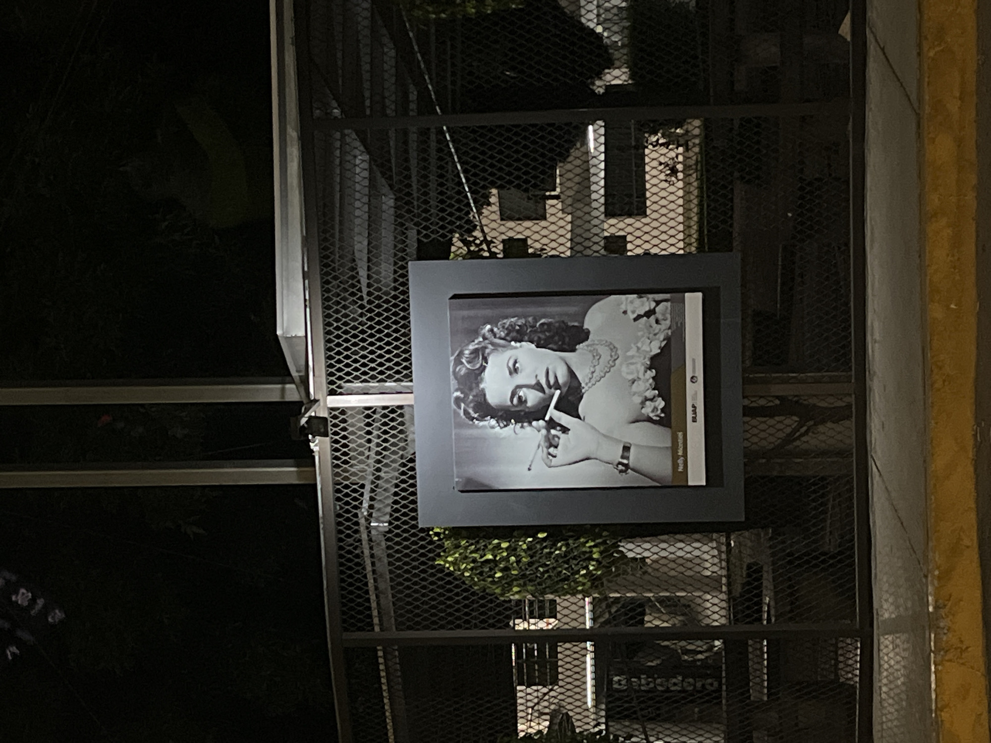 The image depicts a black and white portrait of a woman smoking, mounted on a metal grate structure, possibly an outdoor display, in Puebla, Mexico. The portrait is framed in a gray or black rectangular frame. The woman in the portrait is seen in profile, holding a cigarette in her right hand. The setting appears to be outdoors, at night, with areas of darkness surrounding the metal structure. The word "Bebedero" is visible in the background beneath the grate structure, likely indicating the name of the establishment or area.