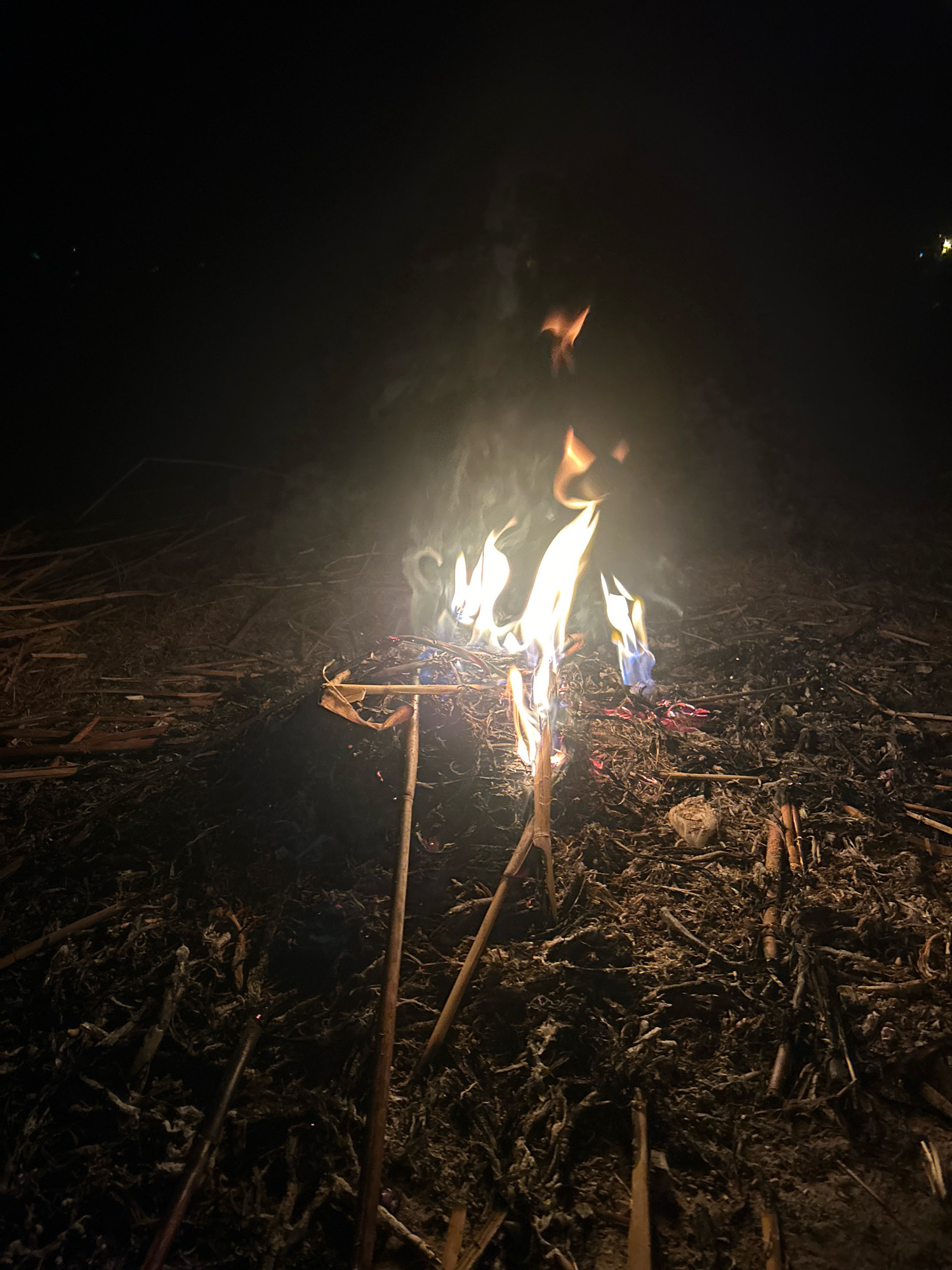 An outdoor nighttime scene captures a small bonfire burning amongst dry vegetation, likely in the city of Gündoğmuş, Turkey. The fire emits bright orange and yellow flames, with wisps of smoke rising into the darkness. The ground is covered in a dense layer of dry, straw-like material and twigs, with some areas appearing charred. Several thin, wooden sticks are visible, some of which are partially consumed by the fire. The background is predominantly dark, suggesting a rural or undeveloped area. There are no people visible in the image. The overall impression is of a controlled burn or a small, contained fire.