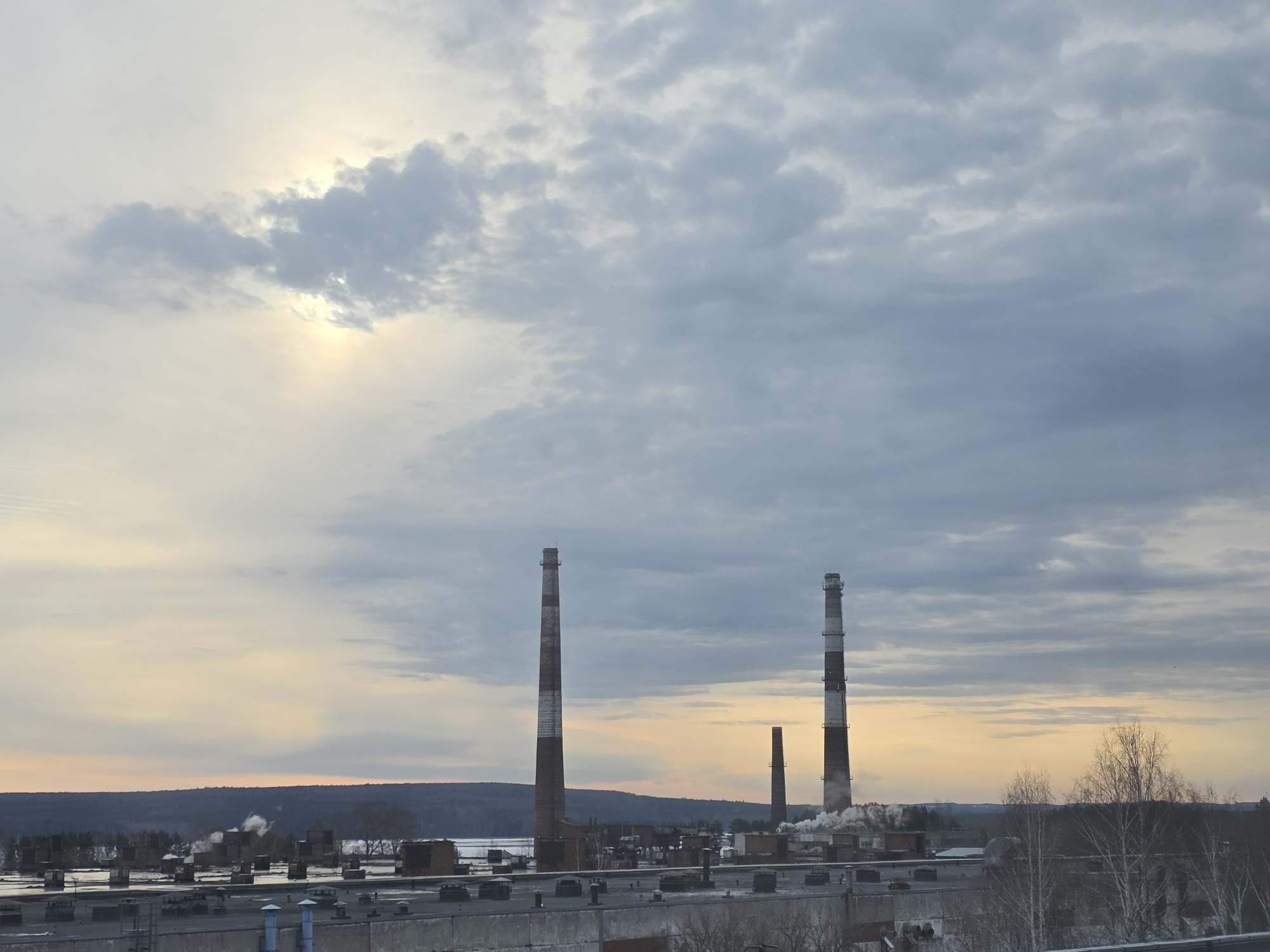 The image shows an industrial landscape in Chaikovsky, Russia, dominated by three tall smokestacks. Two are striped with red and white, while the third is plain. Smoke billows from at least one of the stacks, suggesting active operations. The foreground features a series of low, flat industrial buildings with rooftop details. Beyond the industrial complex, a treeline is visible, hinting at a forest or wooded area. The sky is overcast with grey clouds, and the lighting suggests either early morning or late evening. There are no people visible in the image. The overall scene conveys an industrial and possibly polluted environment.