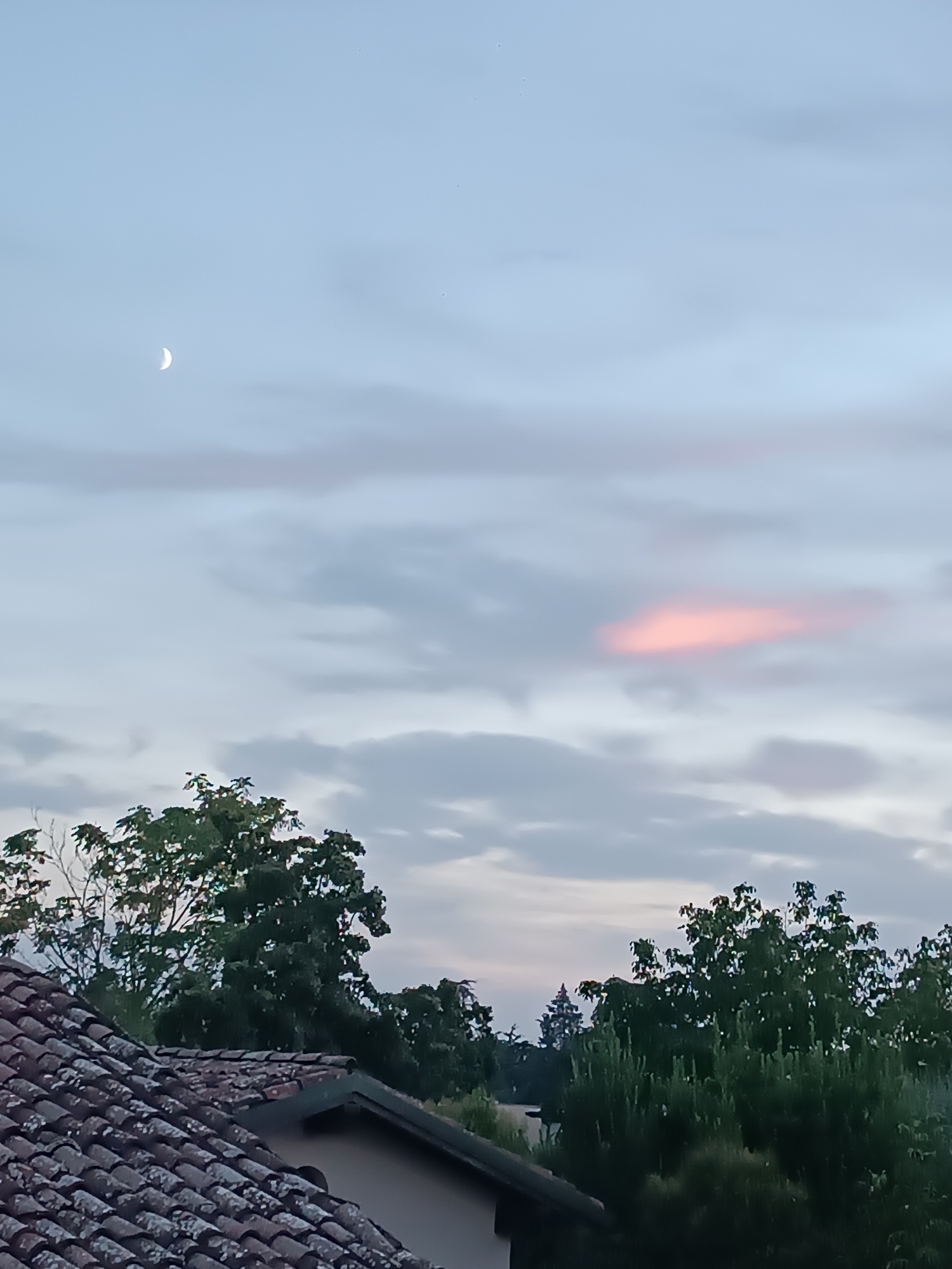 The image shows a twilight sky with clouds and a crescent moon. A patch of pinkish-orange light is visible in the clouds, possibly indicating sunset or sunrise colors. In the foreground, the tiled roof of a building is visible, along with the tops of green trees. The scene is captured outdoors, likely in Viadana, Italy, given the context. There are no people or animals in the image. The overall atmosphere is calm and serene.