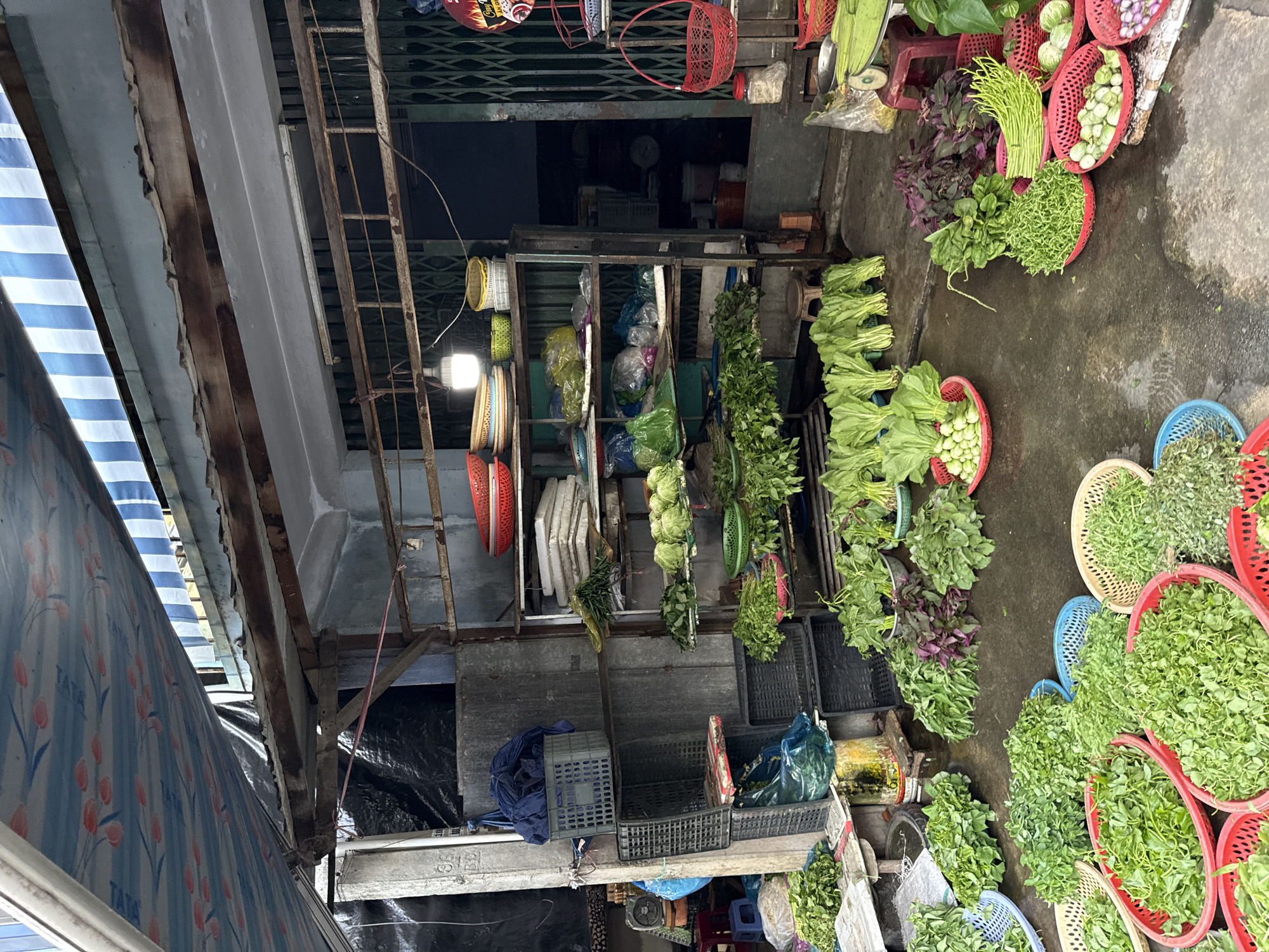 The image depicts an outdoor market stall in Nha Trang, Vietnam, laden with a diverse array of fresh produce. The stall features shelves overflowing with vegetables, including leafy greens, small round gourds, and bundles of long beans. Baskets of various sizes and colors are used to display the produce, some of which are red, while others are woven from natural materials. The ground is wet and appears to be paved, suggesting recent rain. In the background, a building with a corrugated metal roof and a green metal roll-up door is visible, along with a fluorescent light fixture illuminating the stall. A blue and white striped awning extends over part of the stall, offering shade. The overall impression is one of a bustling local market, likely selling fresh ingredients for culinary use.