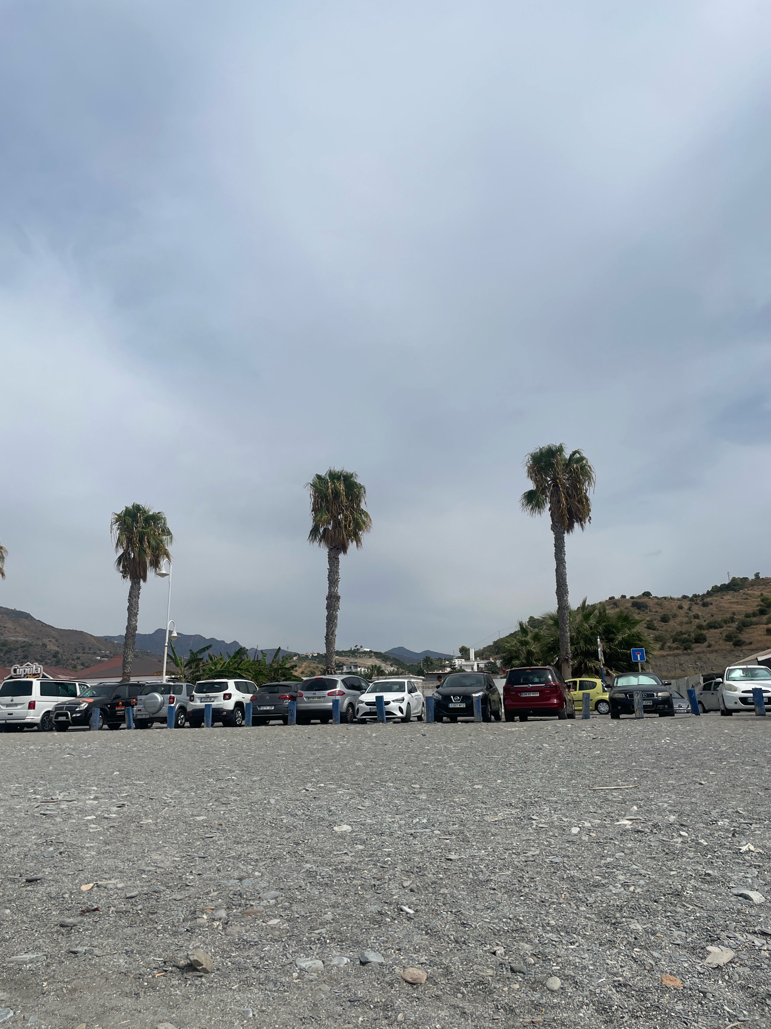 The image depicts a gravel parking lot in La Herradura, Spain, situated along a coastal area with hills in the background. Several cars are parked in a row, including a white van on the left with "Cupula" signage, a black SUV, a white compact car, a dark gray hatchback, a red minivan, a yellow compact car, a black sedan, and another white compact car. Three prominent palm trees are spaced throughout the parking area, with lush green foliage and mountainous terrain visible beyond the parked vehicles. The sky is overcast with diffused light. The ground is covered with small stones and pebbles, characteristic of a beach or coastal parking area. No people are clearly visible in the foreground or mid-ground, though one person may be obscured within the white van. The scene appears to be a typical day in a seaside town, with a focus on the parked vehicles and the natural environment.