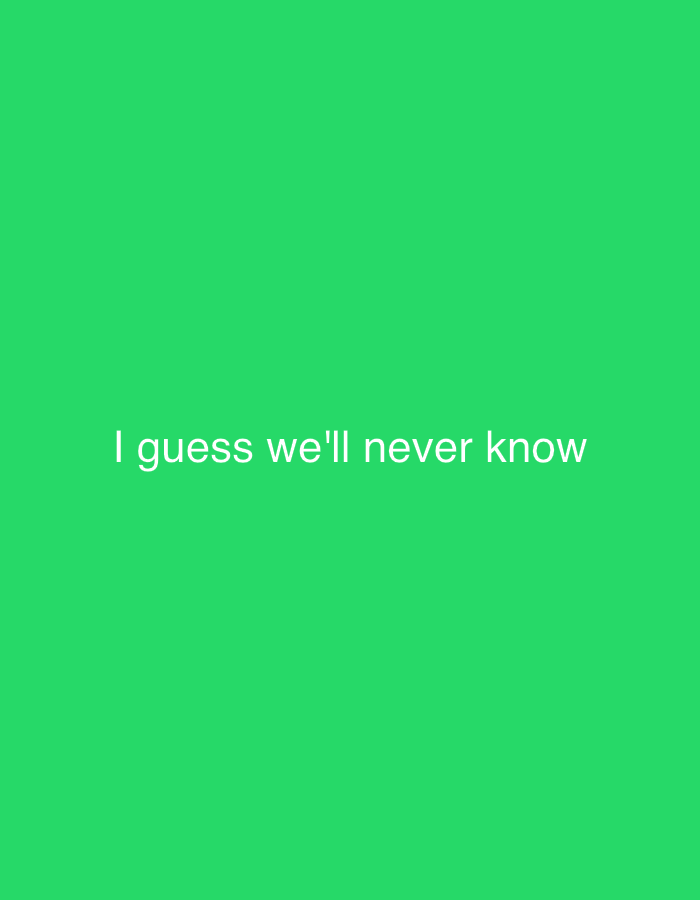 The image is a plain, bright green background with white text centered in the middle. The text reads "I guess we'll never know". There are no people, objects, or environmental features visible in the image. The image does not contain any information about the city of Ikorodu, Nigeria, or any specific location.