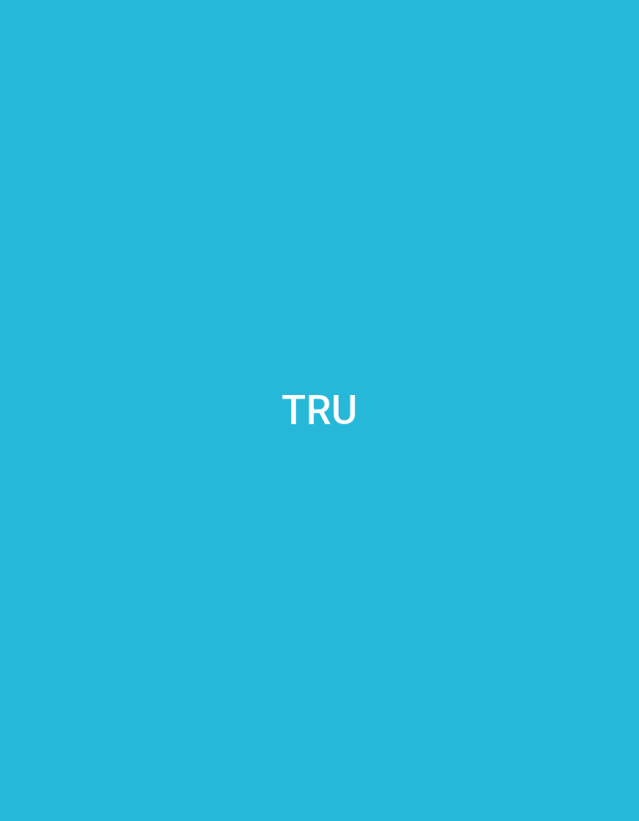 The image displays a plain, solid cyan-blue background. Centered horizontally and positioned slightly below the vertical midpoint, the capitalized white text "TRU" is present in a simple sans-serif font. There are no other subjects, objects, people, or environmental features depicted within the frame, and no discernible geographic markers or city elements relevant to Casablanca, Morocco.