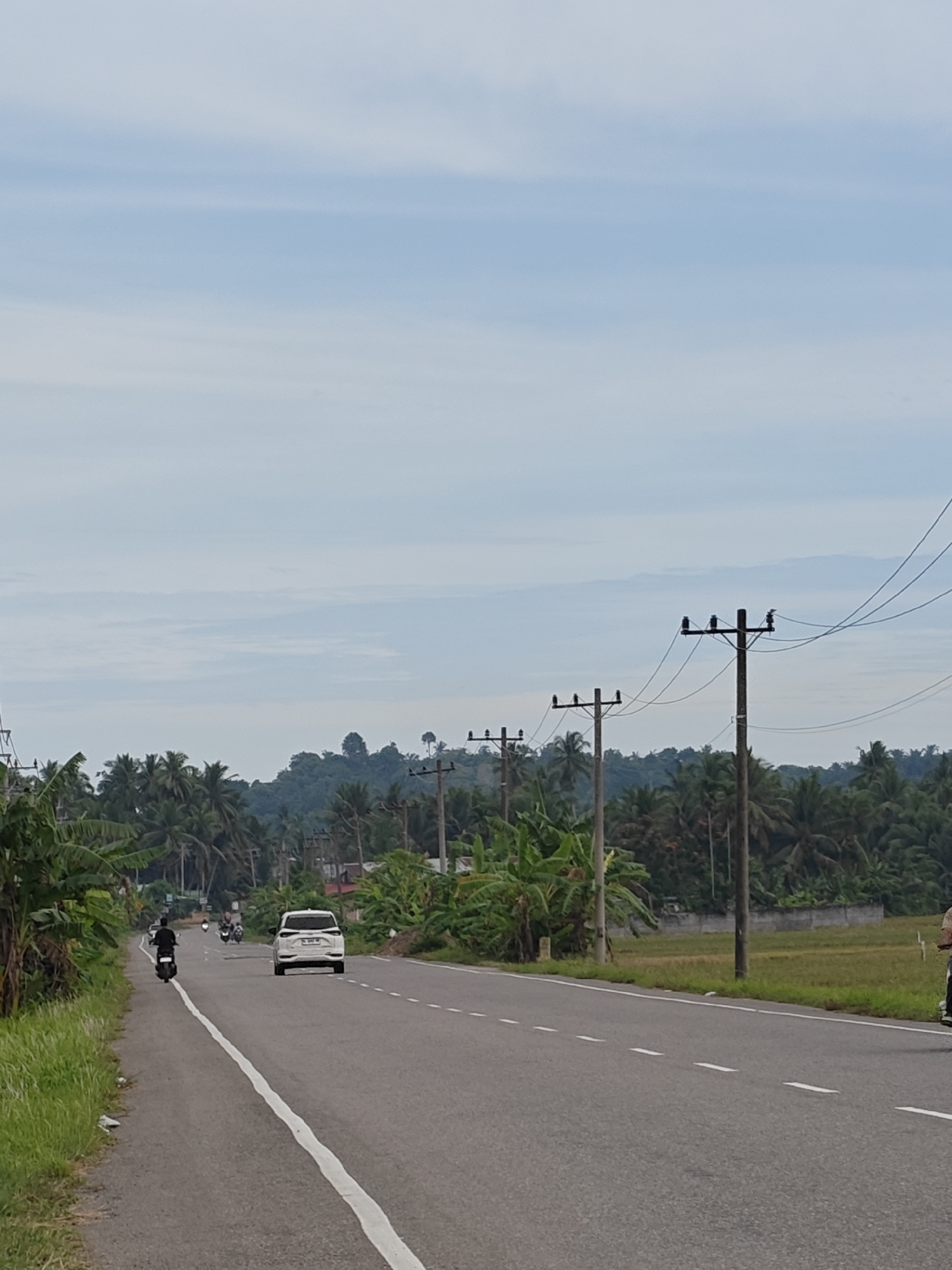 The image displays an outdoor scene in Cotentung, Indonesia, featuring a two-lane asphalt road under a light blue sky with scattered, diffused white clouds. The road has a continuous white line defining its left edge and dashed white lines marking the center or lane divisions further down.
In the foreground to mid-ground on the left side of the road, a single individual on a dark-colored scooter or small motorcycle is traveling away from the viewer. Ahead in the right lane, a white sedan is also moving away, with its rear visible. Multiple additional motorcycles are visible in the distance on the road, similarly traveling away.
The immediate left side of the road is bordered by dense green grass and large-leafed plants, identifiable as banana trees. Along the right side of the road, a series of dark wooden utility poles with multiple cross arms and electrical lines extends into the background. Beyond these poles, abundant tropical vegetation, primarily consisting of numerous palm trees and other green foliage, forms a dense forest canopy. On the far right, a section of a green paddy field is visible, partially separated from the roadside by a low grey concrete wall. In the distant background, a large, tree-covered hill is discernible beneath the horizon, with a faint plume of smoke or haze rising from its slopes.