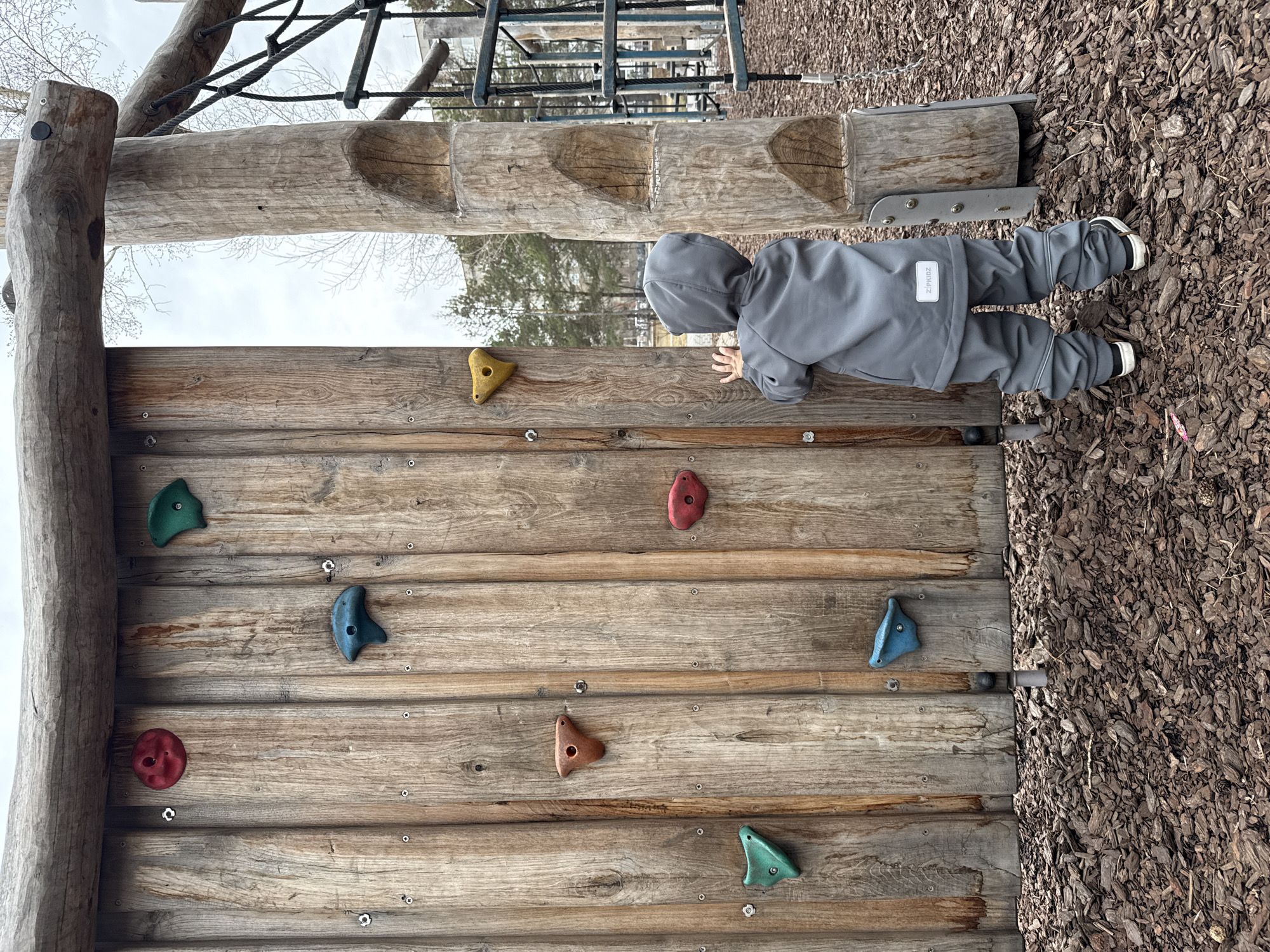 A young child, dressed in a grey hooded tracksuit with a "ZIPKIDZ" label on their left leg, is attempting to climb a vertical wooden rock-climbing wall at an outdoor playground in Krasnoyarsk, Russia. The child's hands are placed on a yellow climbing hold, and their body posture suggests they are actively engaging with the wall. The climbing wall is constructed from horizontal wooden planks and features numerous colorful holds in shades of yellow, green, red, blue, and brown/orange. To the left, a thick, rounded wooden post forms part of the climbing structure. In the background, additional wooden beams and metal ropes or rungs, belonging to other playground equipment, are visible against an overcast sky. The ground beneath the wall is covered with dark wood chips or mulch. Bare trees in the distant background indicate late winter or early spring. The child is wearing black and white sneakers. The image captures a moment of playful activity and physical exploration in a natural-themed outdoor setting.